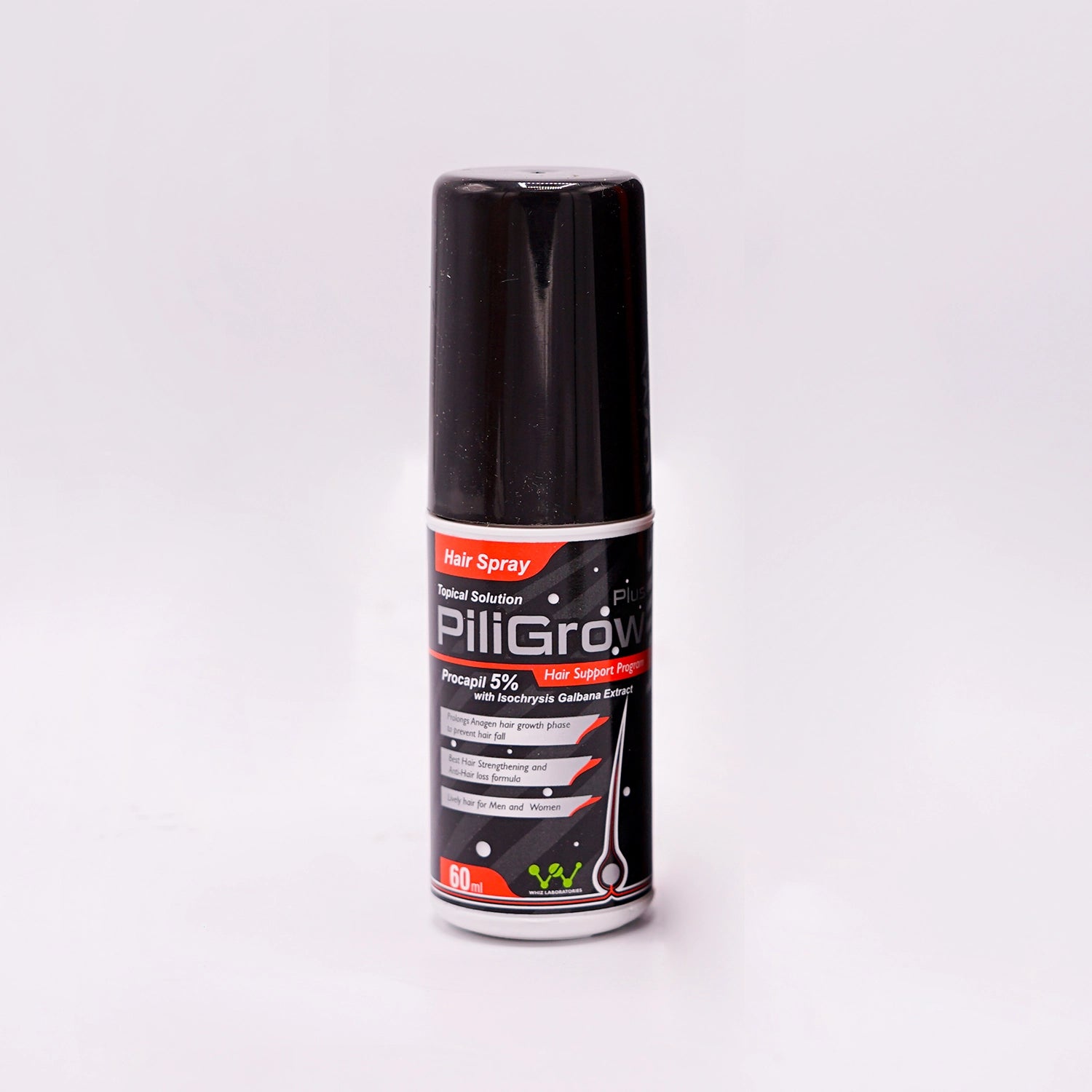 PiliGrow Plus Hair Spray, Topical Solution, Procapil 5%, 60ml, in a black bottle with a blue and black label.