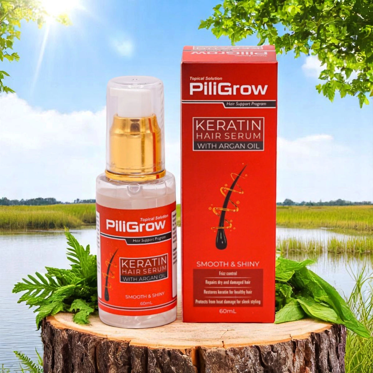 PiliGrow Keratin Hair Serum with Argan Oil, 60ml clear bottle with a gold pump top and a red and orange label, and its matching red box.
