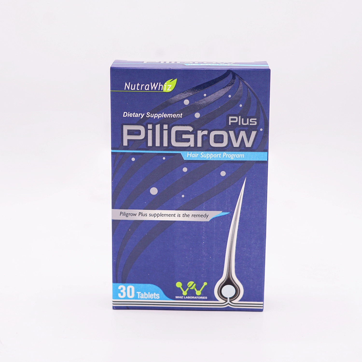 The product "PILIGROW TABLETS" is a NutraWhiz Dietary Supplement for hair support. It comes in a blue box and contains 30 tablets.