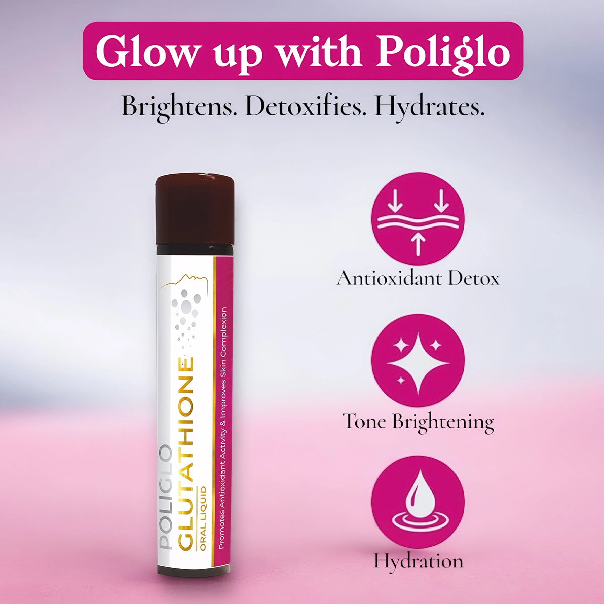 A tall bottle of Poliglo Glutathione Oral Liquid with a brown and white label against a pink and purple background.