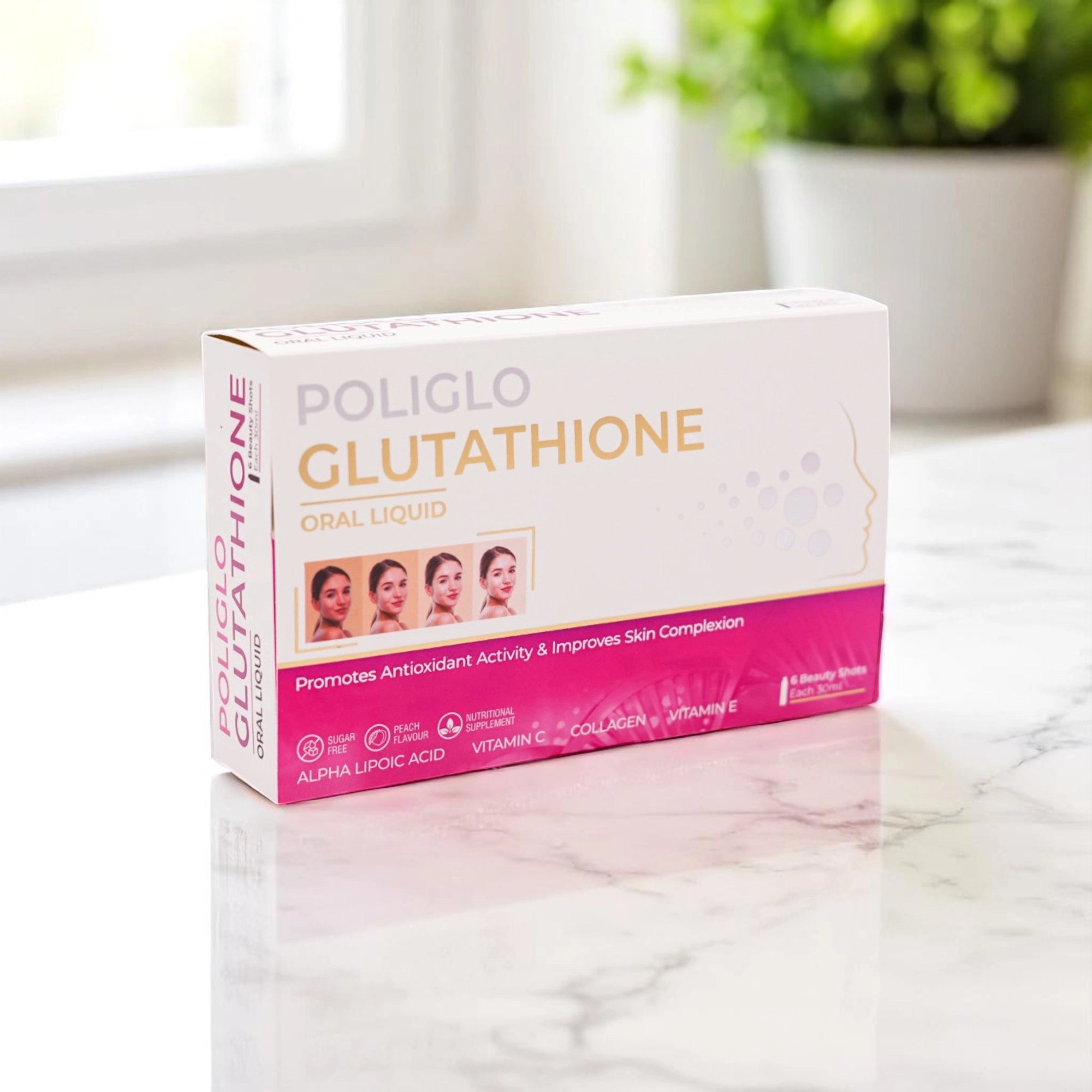 Poliglo Glutathione Oral Liquid in a white box with white and pink accents.