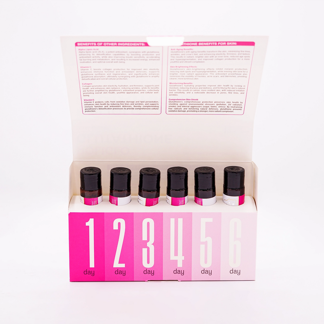 Poliglo Glutathione Oral Liquid shots, a sugar-free, peach-flavored supplement designed to promote antioxidant activity and improve skin complexion, shown with its open box revealing individual shots.