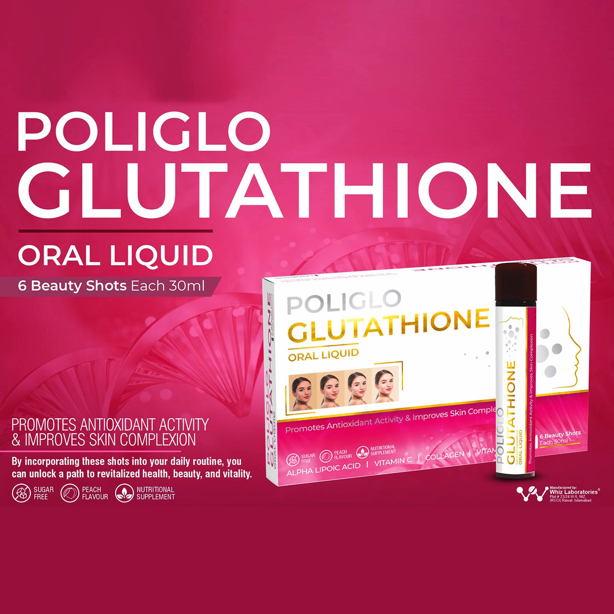 Poliglo Glutathione Oral liquid dietary supplement in a purple and white box.