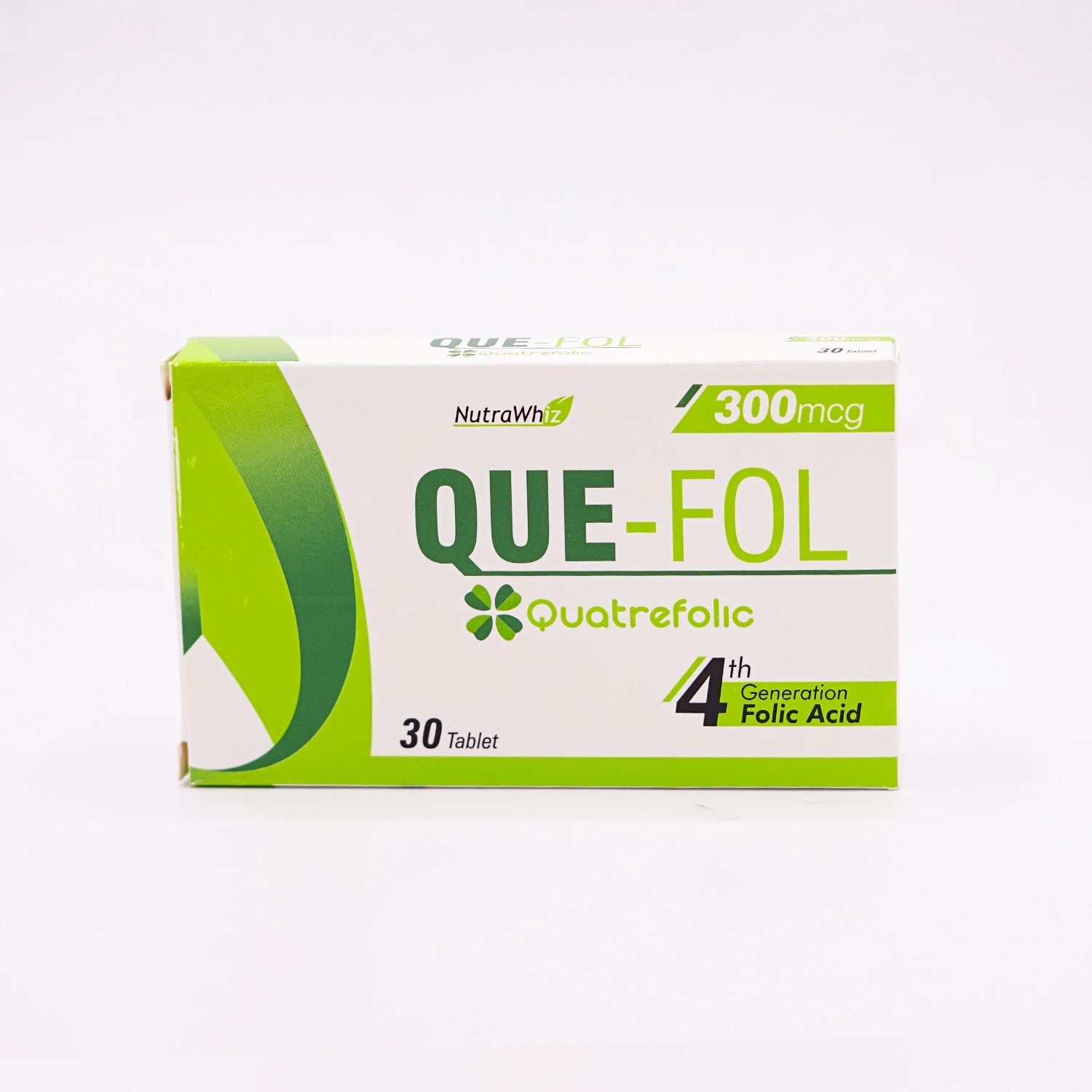 NutraWhiz Que-Fol Quatrefolic 300 mcg, 30 Tablets, 4th Generation Folic Acid, in a white and green box featuring a large green leaf graphic.