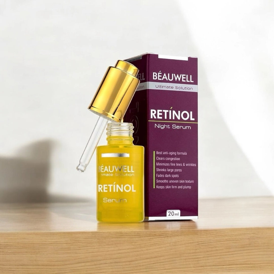 A bottle of Beauwell Retinol Night Serum, an anti-aging formula that helps minimize fine lines and wrinkles, shrink large pores, fade dark spots, and keep skin firm and plump..