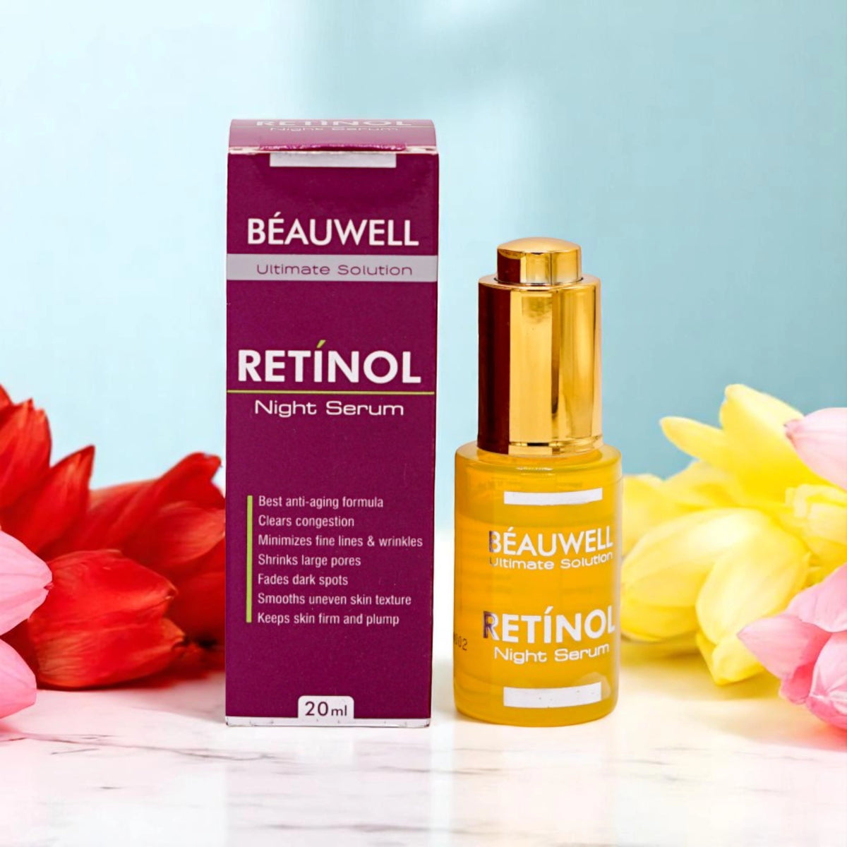 Beauwell Ultimate Solution Retinol Night Serum, 20ml gold pump bottle with a yellow and purple label, and its matching purple box.