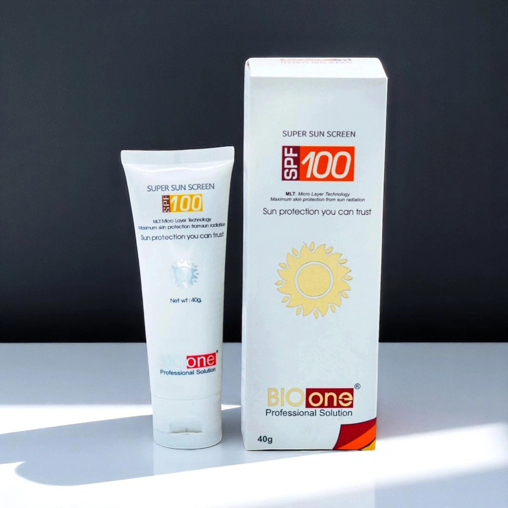 Bio one Super Sun Screen Cream SPF 100 in a white and orange tube, 40g.