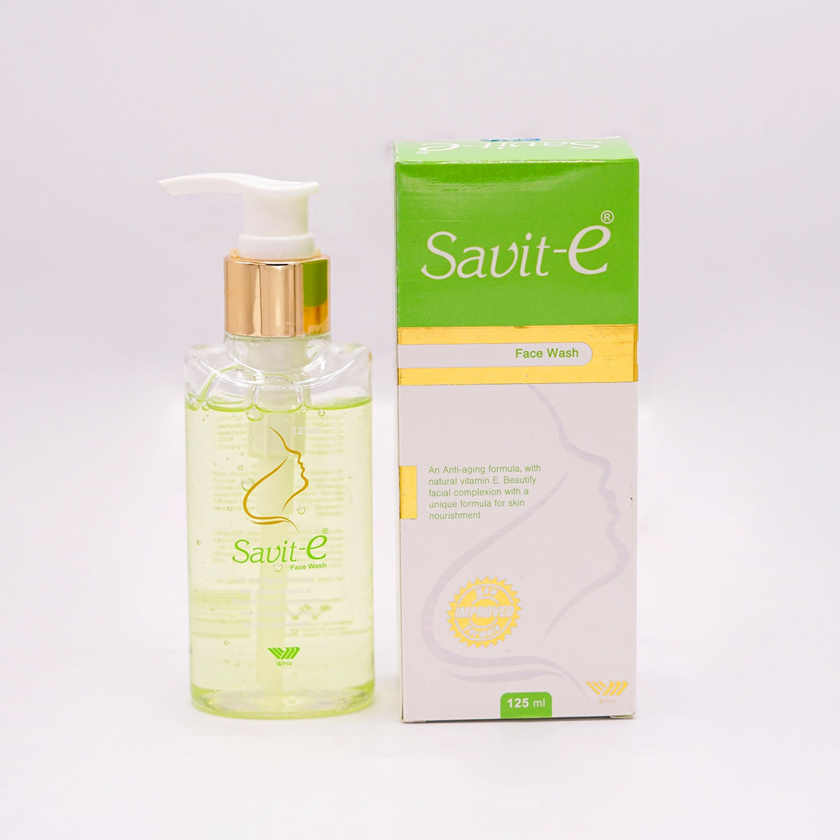 Savit-e Face Wash, 125ml clear bottle with a gold pump dispenser and a green and white label featuring a stylized silhouette of a face, next to its matching green and white box.