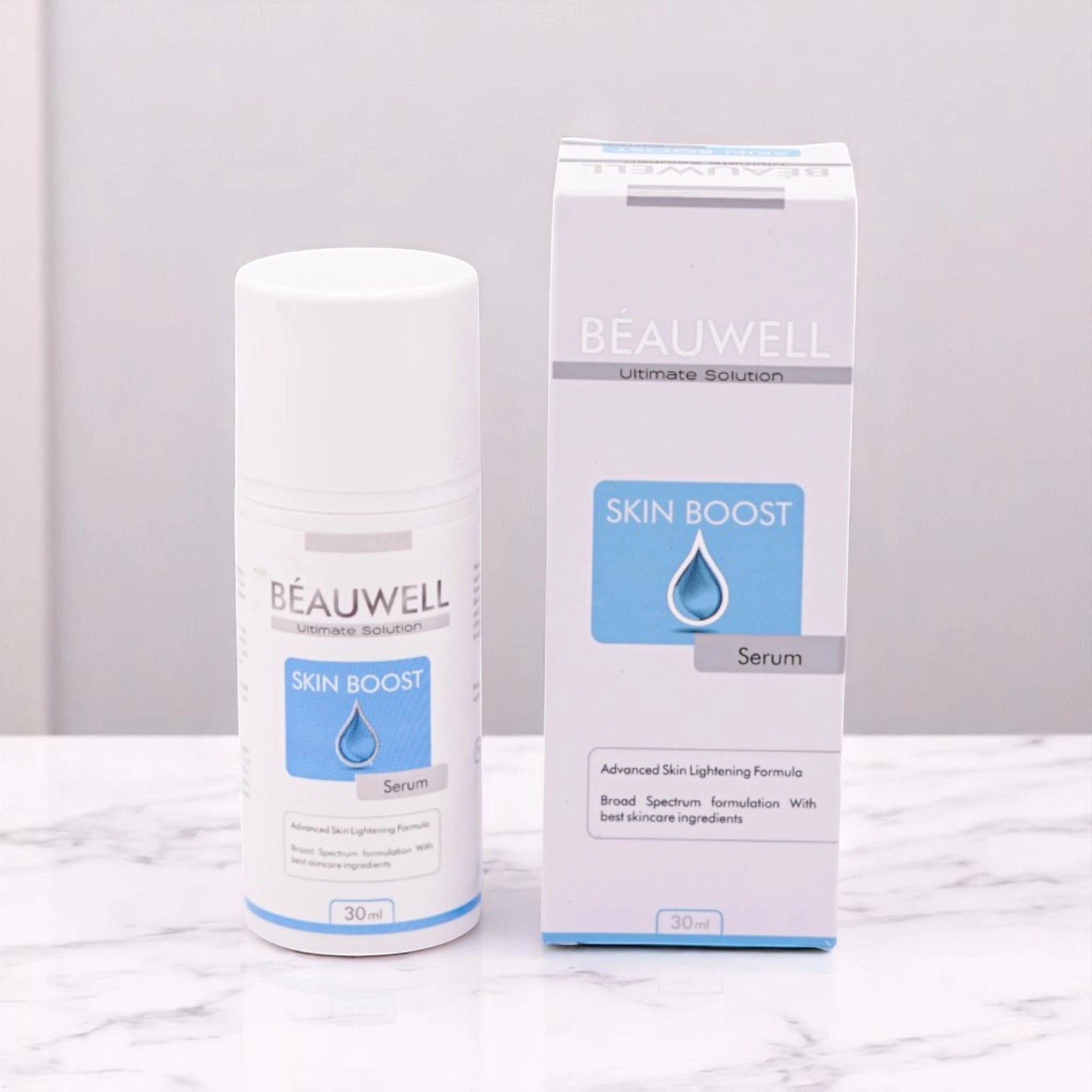 Beauwell Ultimate Solution Skin Boost Serum, a 30ml dropper bottle in a white and blue box