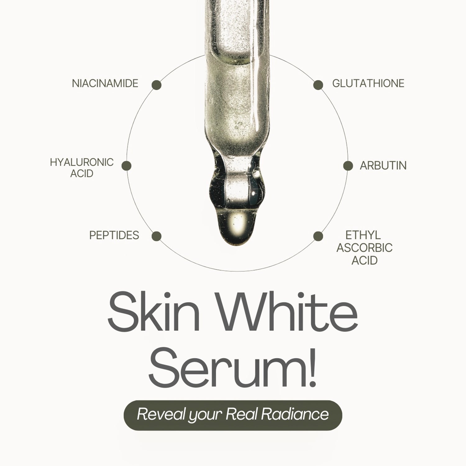 Skin White Serum with the text 'Reveal your Real Radiance' and a list of key ingredients.
