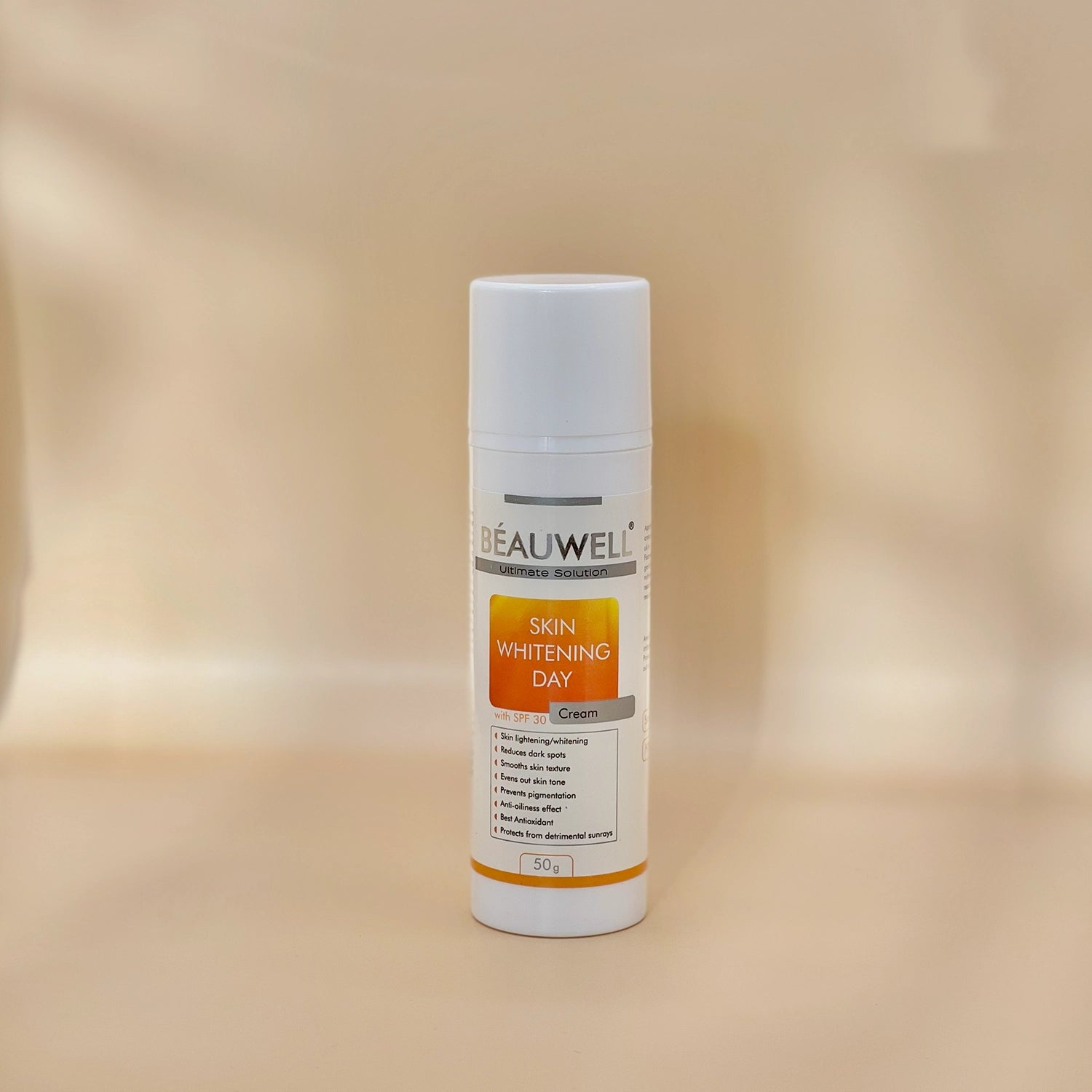 A photo of a Beauwell Skin Whitening Day cream bottle with a pump dispenser. The label states the product is a cream with SPF 30 and contains 50g