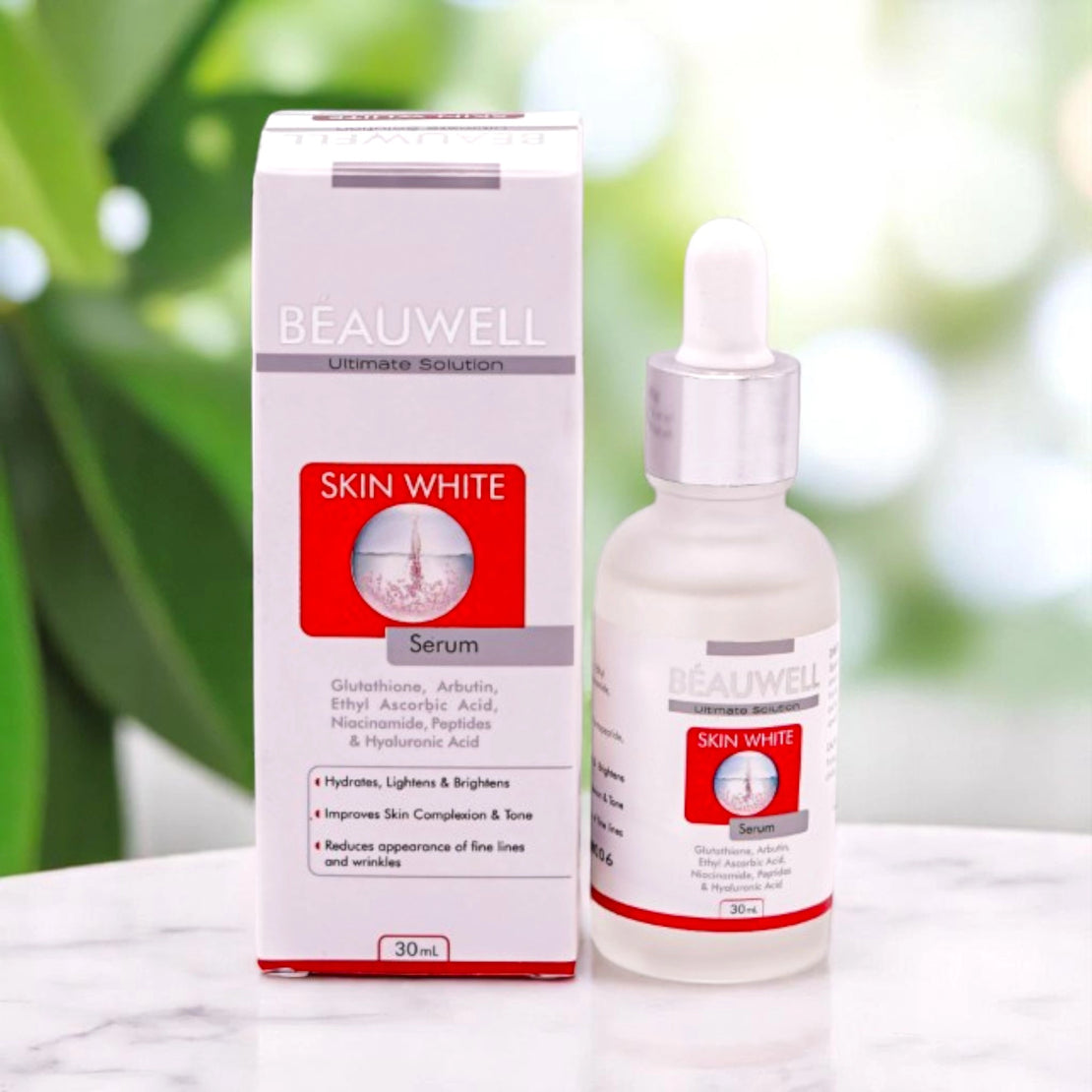Beauwell Skin White Serum, 30ml clear dropper bottle with a white and red label, and its matching white and red box.