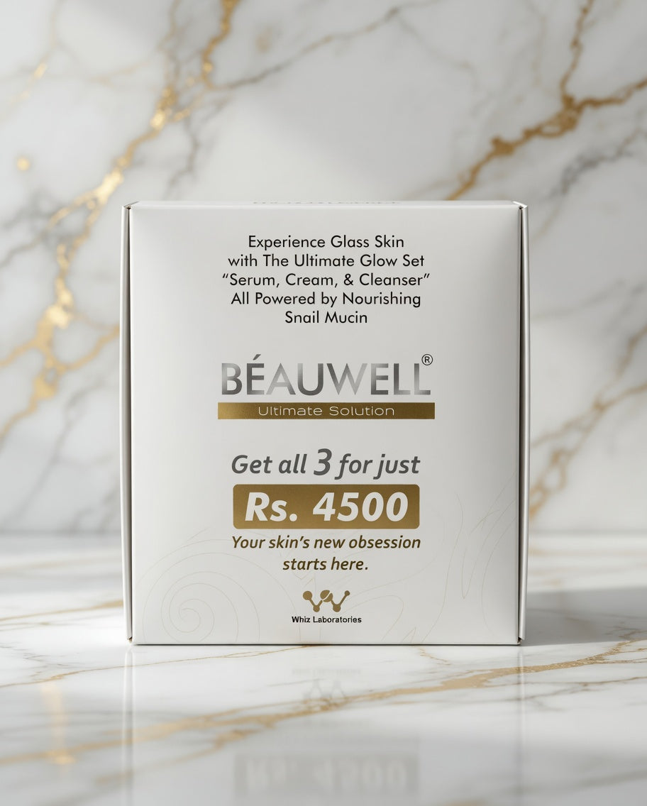 Beauwell Snail Mucin Bundle Ultimate Glow Set containing Serum, Cream, and Cleanser for Glass Skin