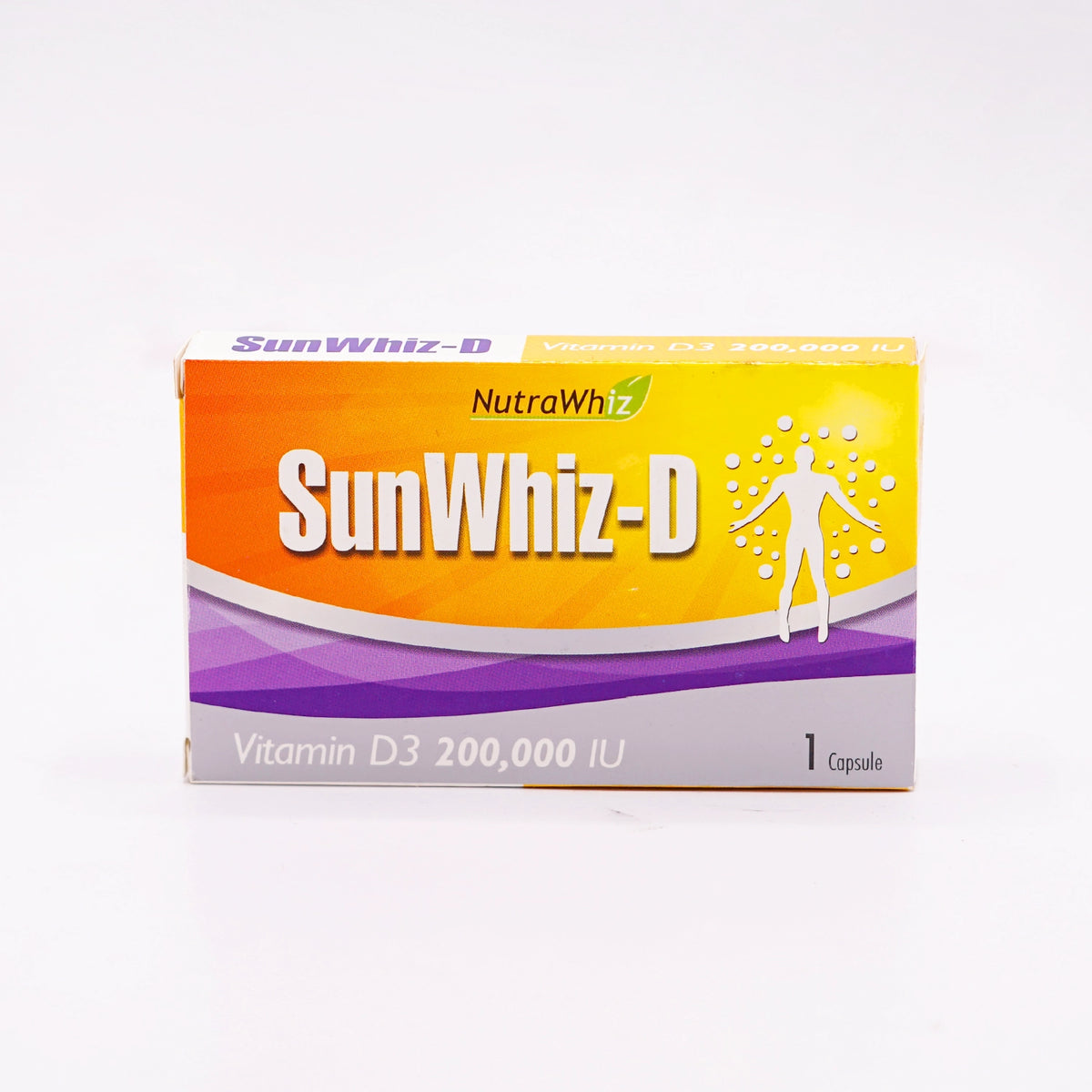Sun Whiz-D, a high-potency Vitamin D3 supplement providing 200,000 IU, indicating support for overall health and well-being.