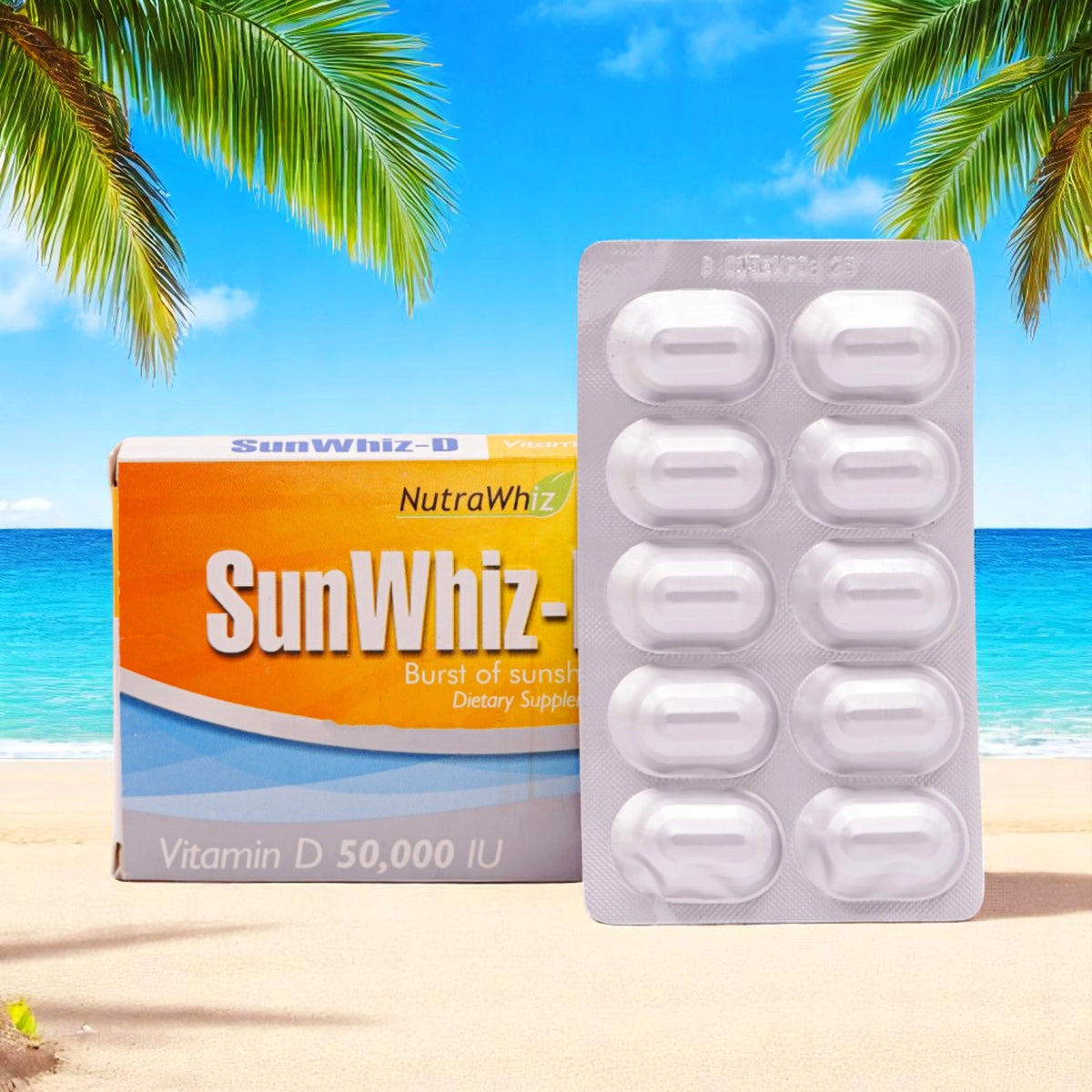 NutraWhiz SunWhiz-D Vitamin D 50,000 IU dietary supplement box and a blister pack of 10 white capsules, set against a beach background with palm trees.