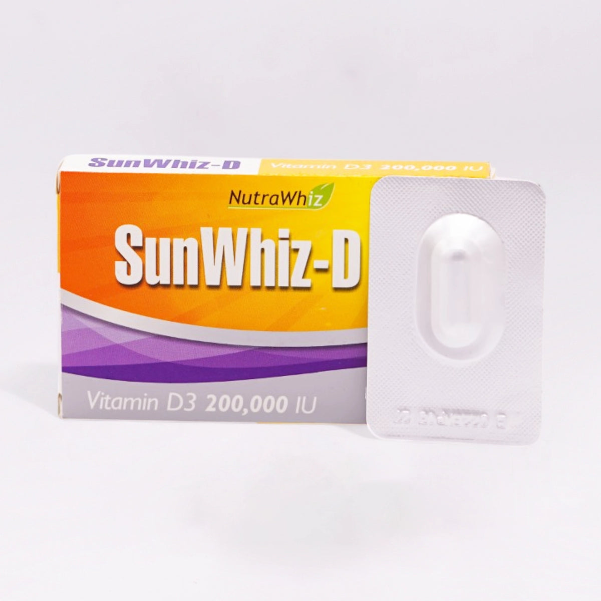 NutraWhiz SunWhiz-D Vitamin D3 200,000 IU. The image shows a single white blister pack containing one capsule next to its orange and purple box.
