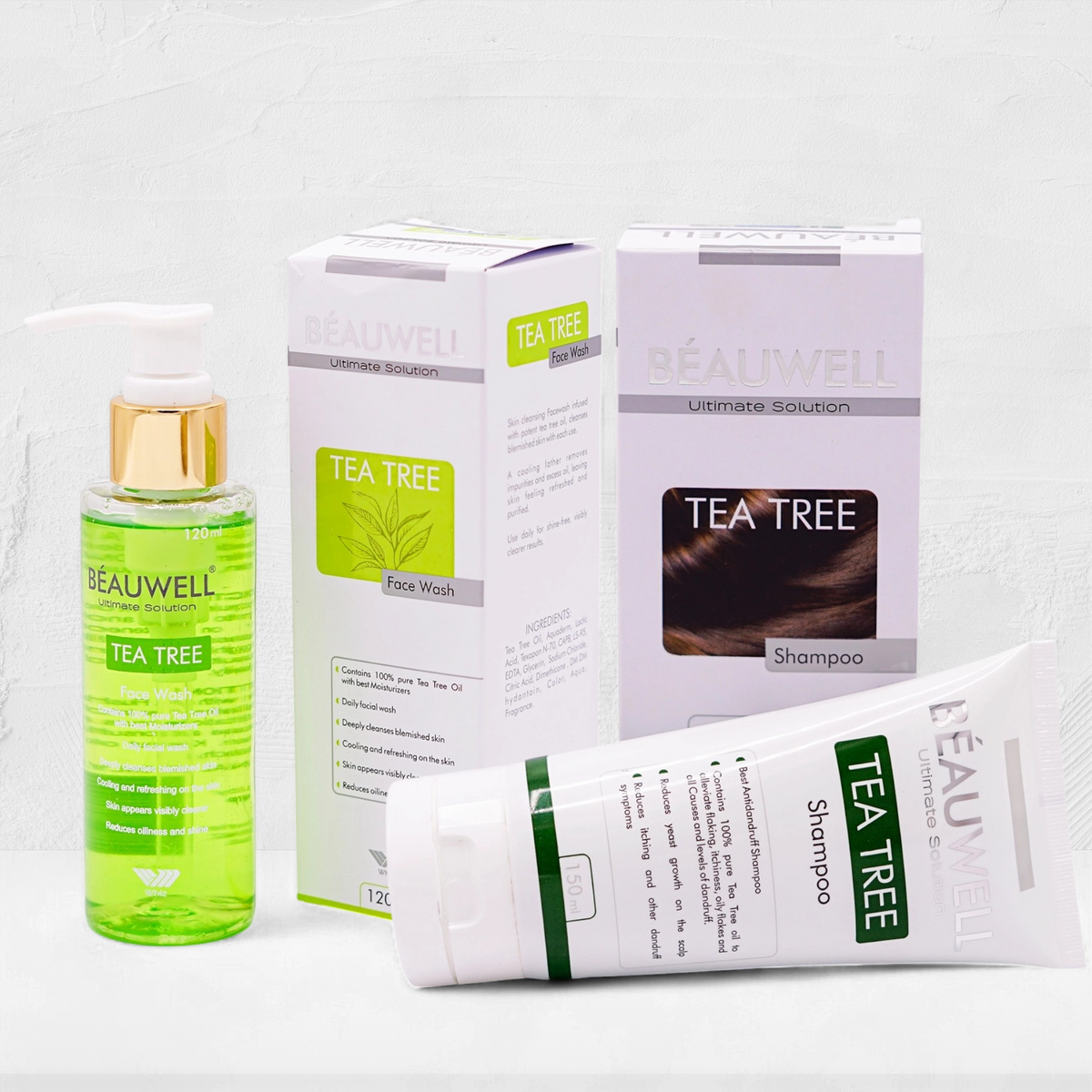 A two-product set containing 100% pure tea tree oil for daily facial cleansing and anti-dandruff hair care.