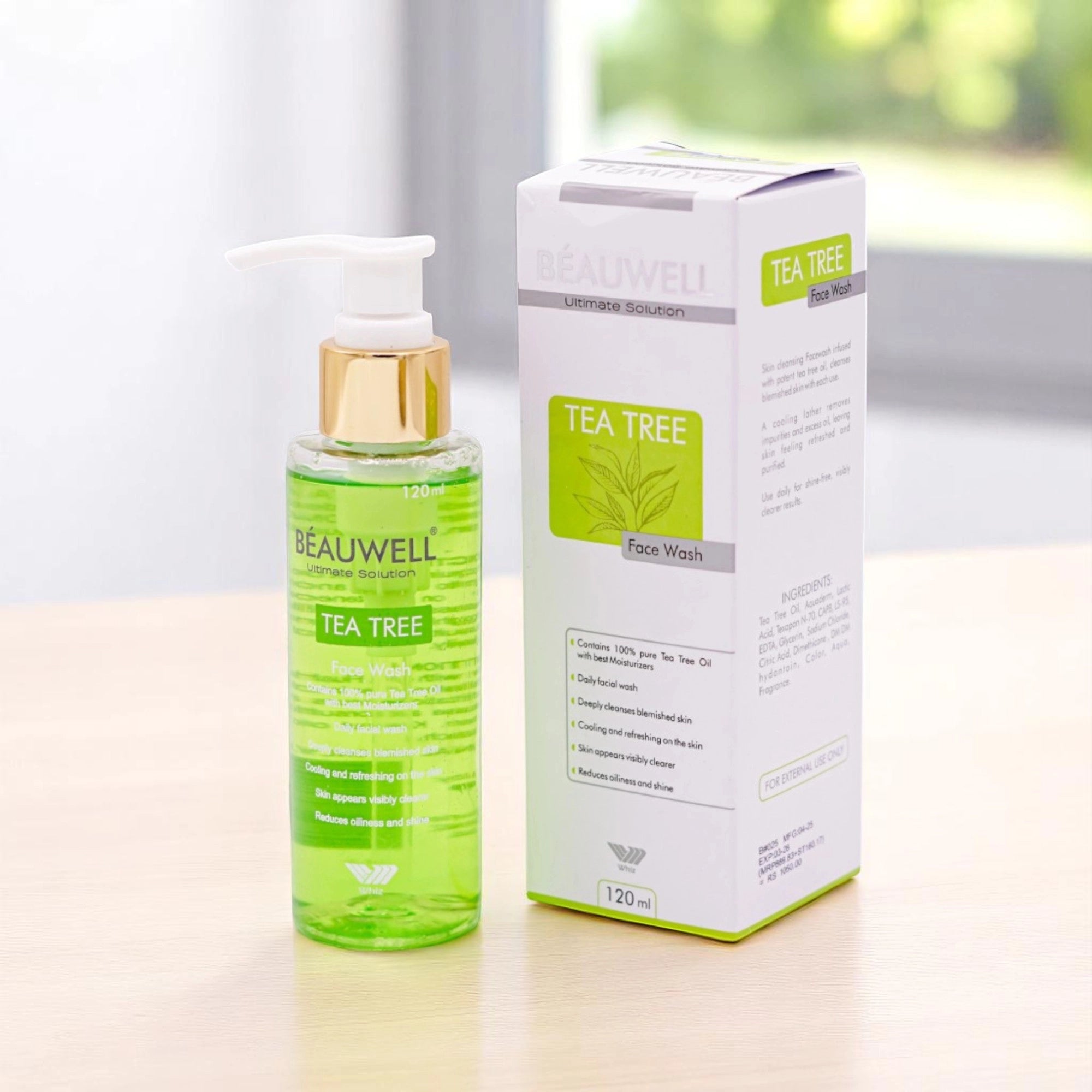 Beauwell Tea Tree Face Wash, 120ml bottle with a pump dispenser.