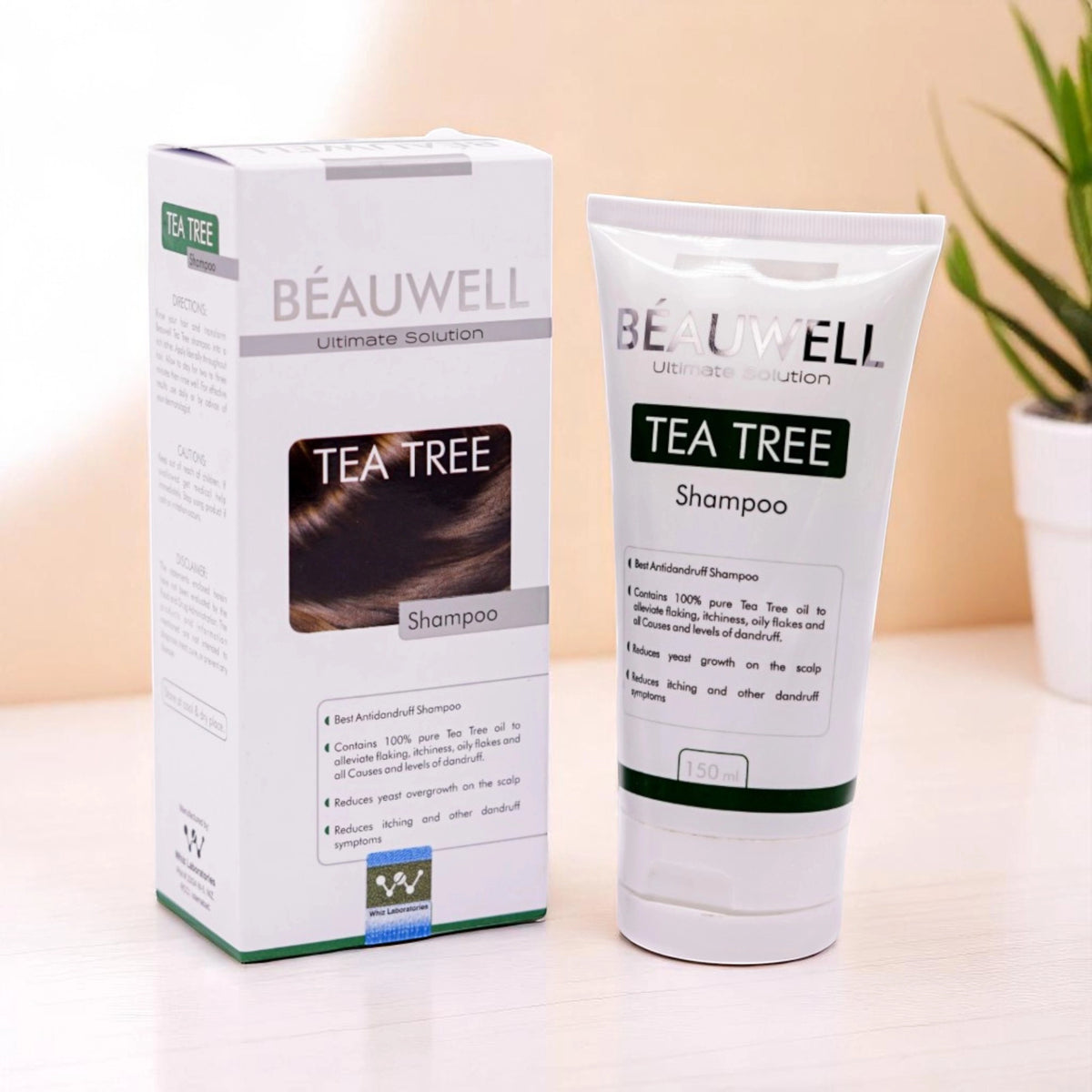 Beauwell Tea Tree Shampoo, 150ml bottle, with its white and green box.
