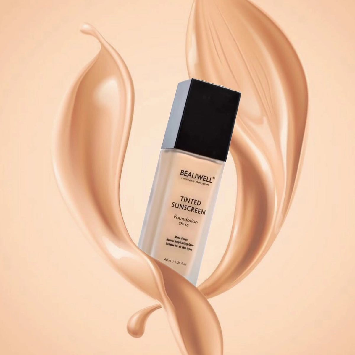 Beauwell Tinted Sunscreen Foundation. The product is an SPF 60 foundation that promises a natural-looking glow and a matte finish suitable for all skin types.