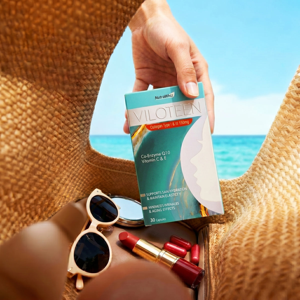 Hand taking Viloteen Capsules box out of a beach bag with sunglasses and lipstick against a sea background