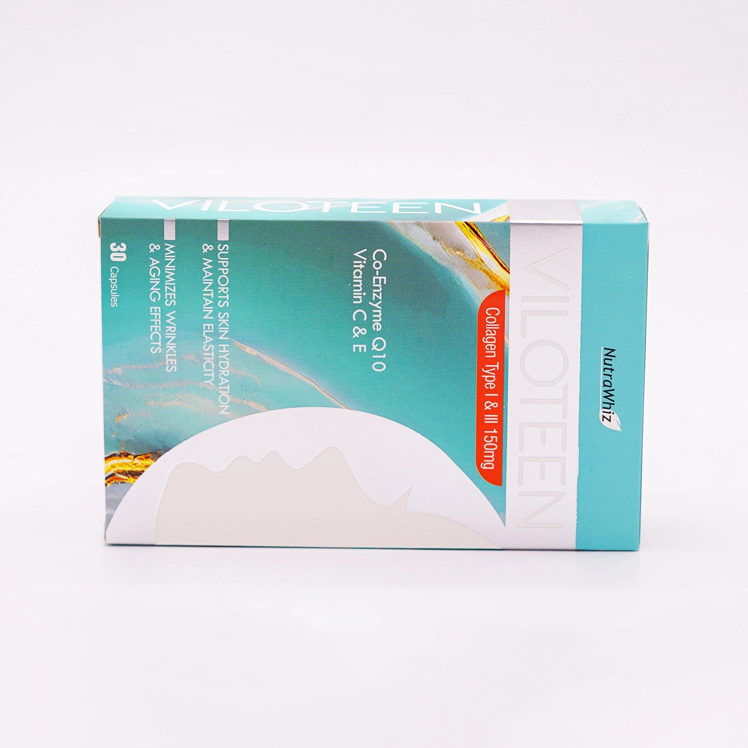 NutraWhiz Viloteen 30 Capsules, containing Collagen Type I & II 150mg, Co-Enzyme Q10, and Vitamin C & E, in a white and teal box with a brown, orange, and blue abstract design.