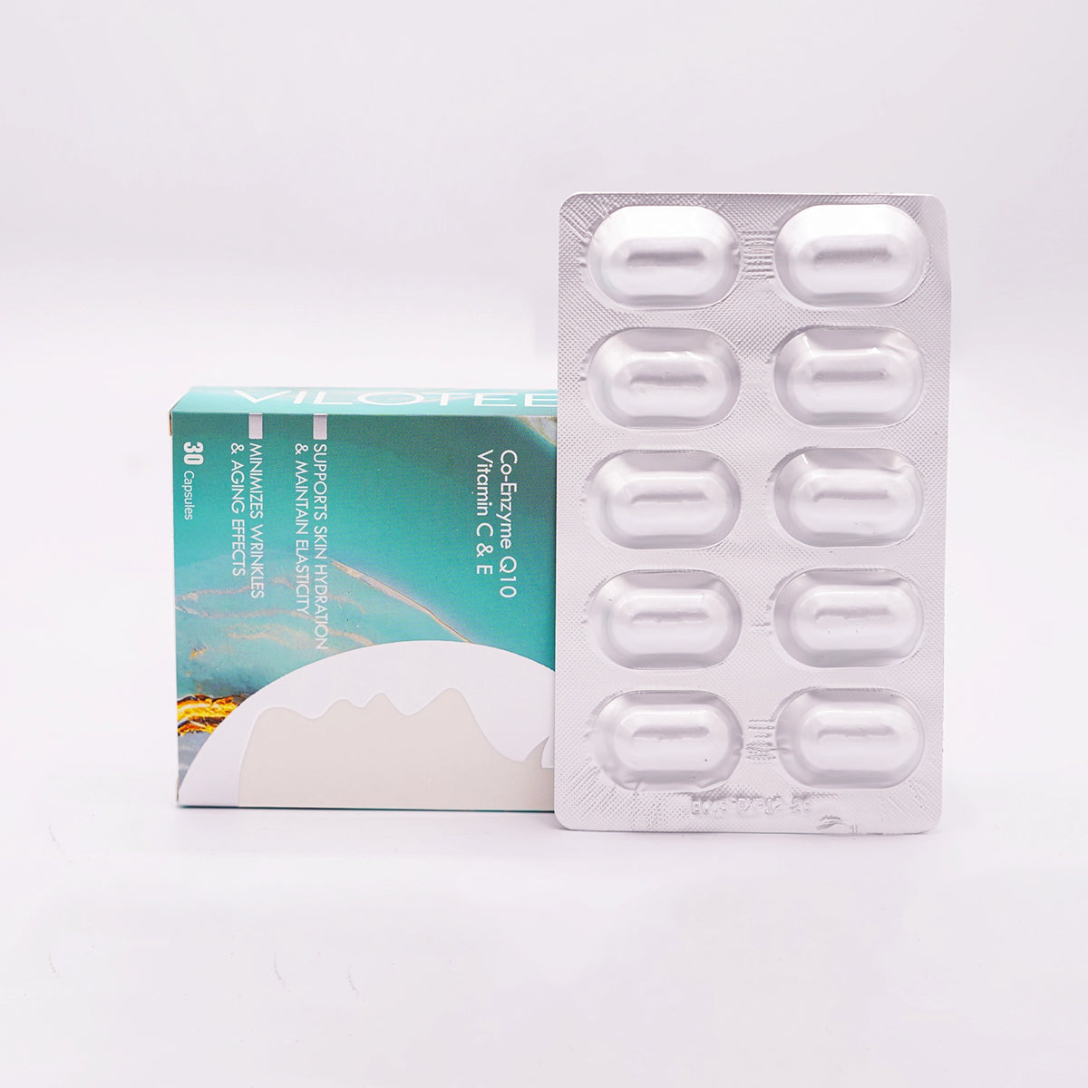 Viloteen Capsules with Collagen, Co-Enzyme Q10, and Vitamins C & E, designed to support skin hydration, maintain elasticity, and minimize wrinkles and aging effects, shown with its box and blister pack.