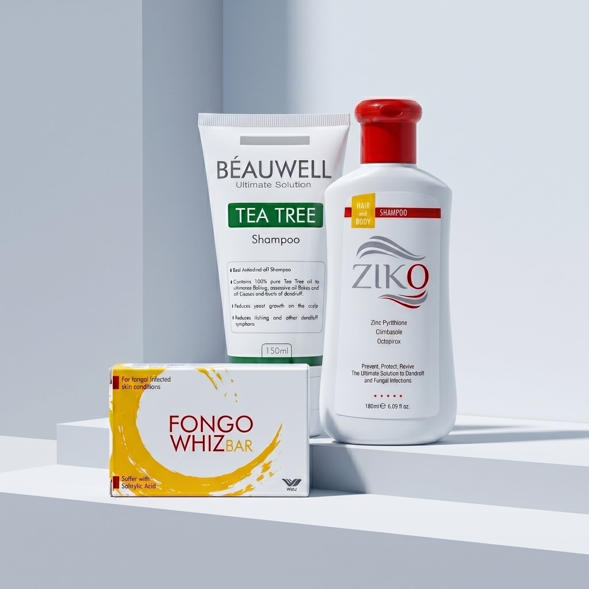 Whiz Anti-Dandruff and Scalp Care Bundle showing Beauwell Tea Tree Shampoo, Ziko Solution, and Fongo Whiz Bar soap.