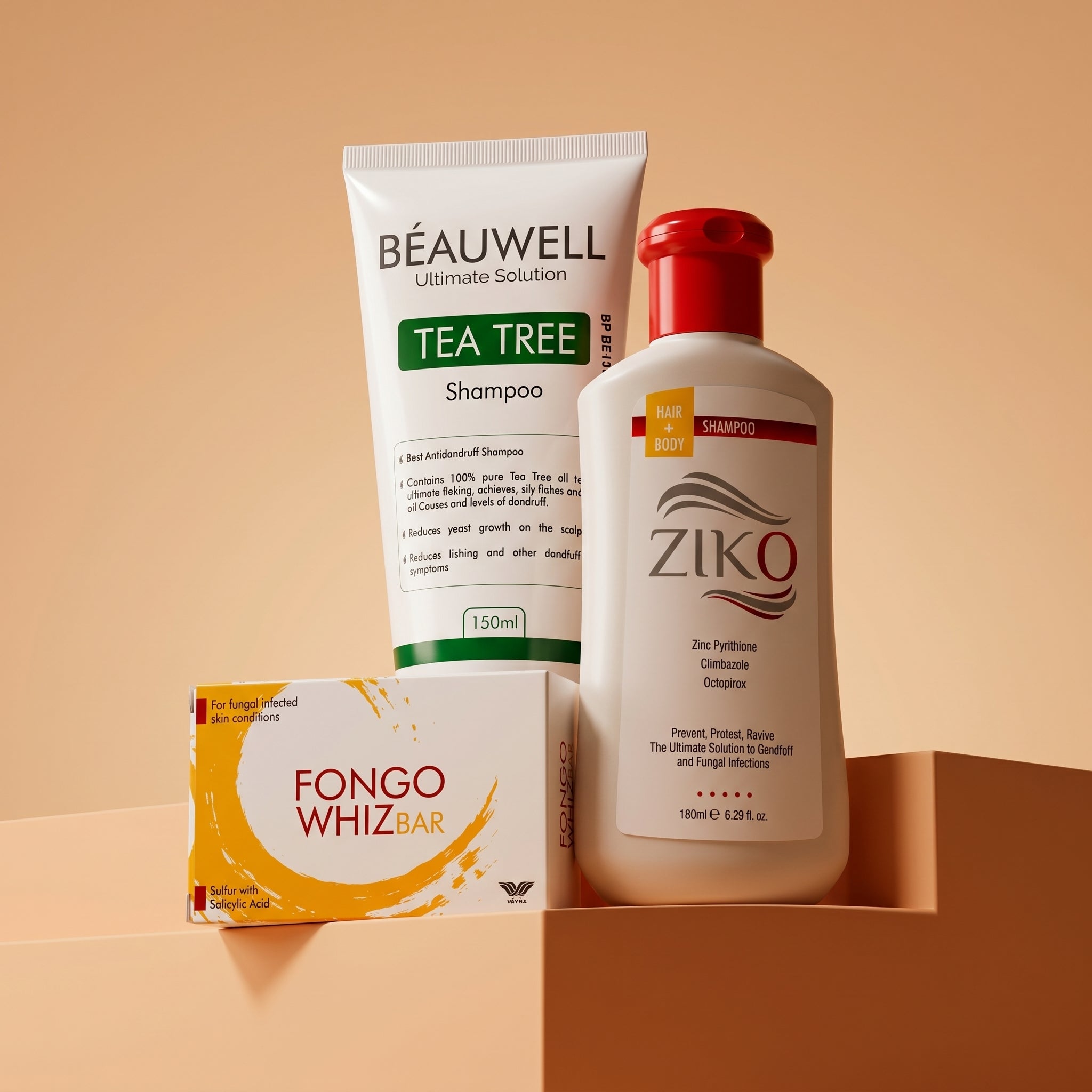 Whiz Anti-Dandruff and Scalp Care Bundle featuring Beauwell Tea Tree Shampoo, Ziko Solution, and Fongo Whiz Bar