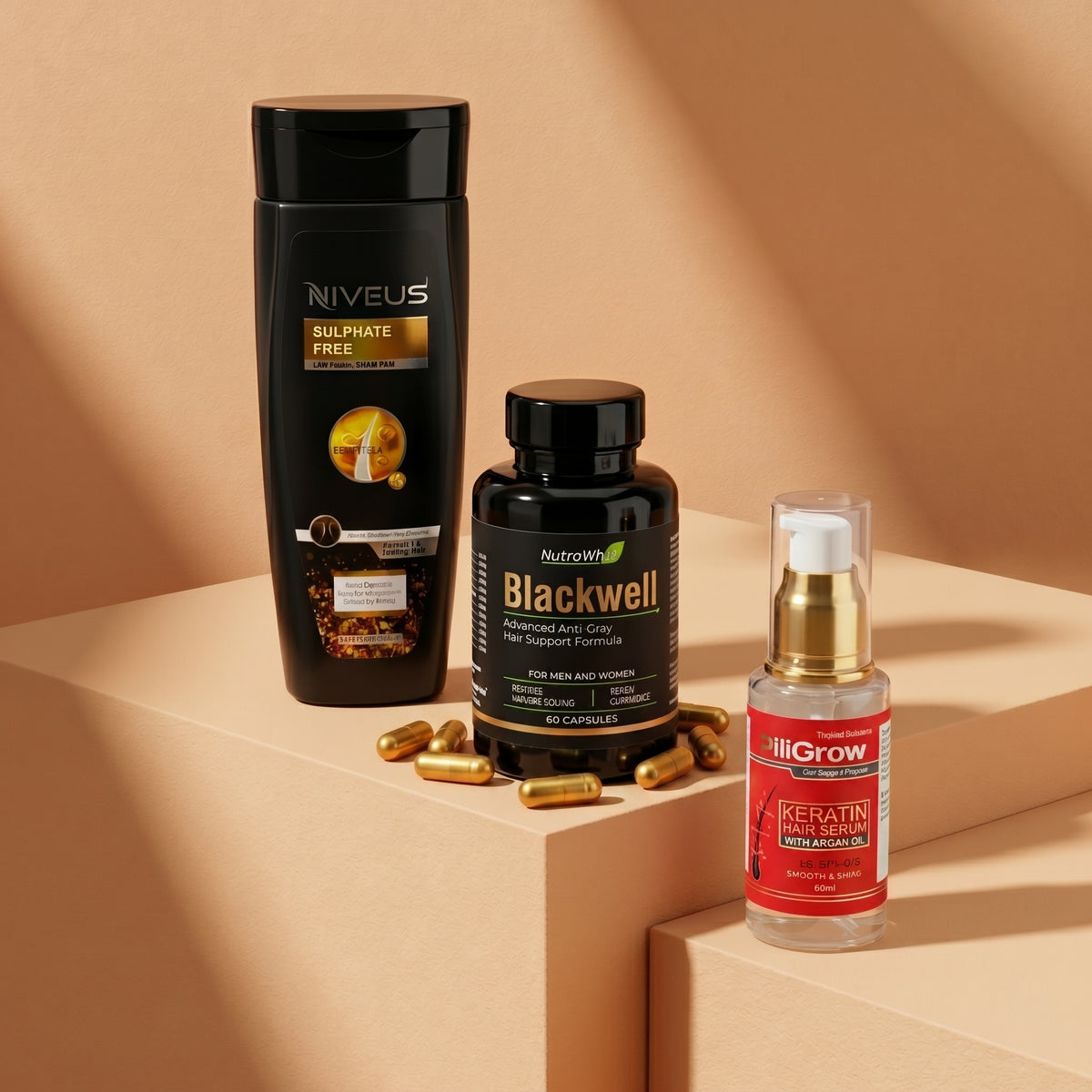 Whiz Anti-Grey Bundle featuring Niveus Sulphate Free Shampoo, Blackwell capsules, and Keratin Hair Serum on white pedestal blocks with a warm background.