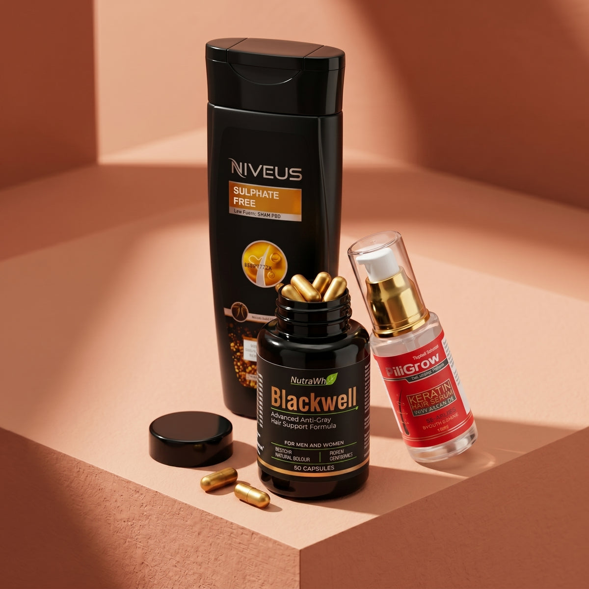 Whiz Anti-Grey Bundle featuring Niveus Sulphate Free Shampoo, NutraWhiz Blackwell Capsules, and HairGrow Keratin Hair Serum on a warm-toned background.