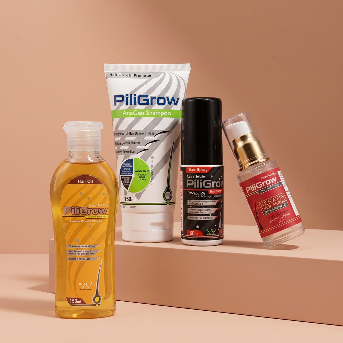 Whiz Anti-Hair Fall Bundle featuring PiliGrow Hair Oil, Shampoo, Mist, and Keratin Serum