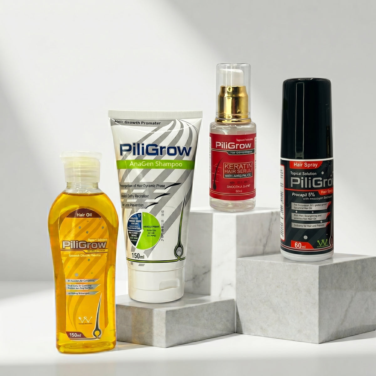 Whiz Anti-Hair Fall Bundle featuring PiliGrow Hair Oil, PiliGrow AnaGen Shampoo, PiliGrow Keratin Hair Serum, and PiliGrow Hair Spray on white pedestal blocks.