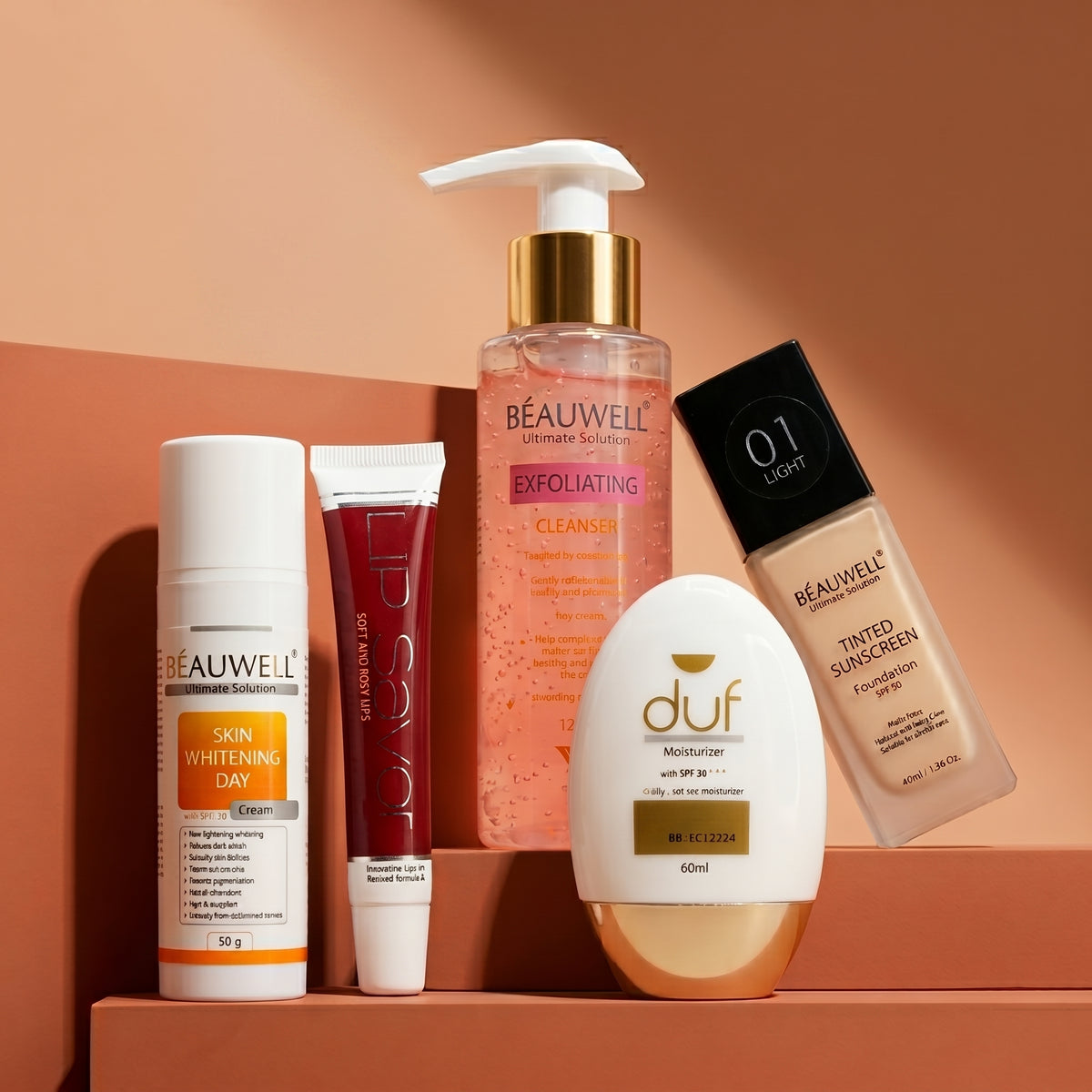 Whiz Bridal Essentials Kit featuring Beauwell Exfoliating Cleanser, Skin Whitening Day Cream, Lip Savior, DUF Moisturizer, and Tinted Sunscreen on a warm-toned background.