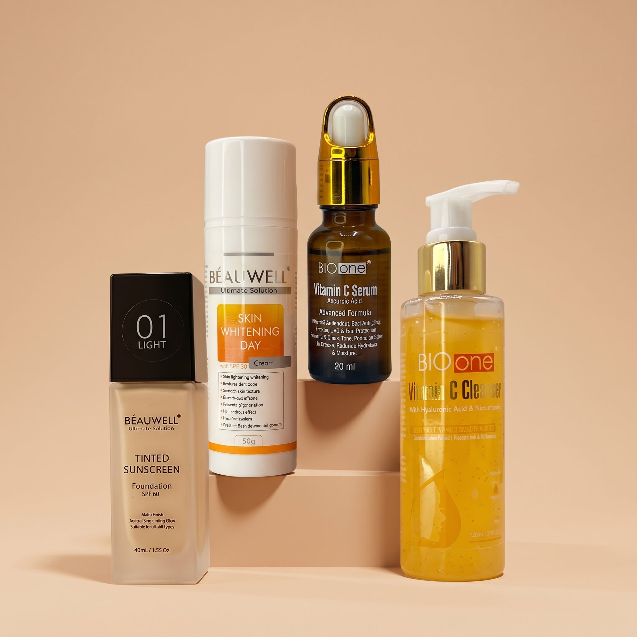 Whiz Brightening Bundle featuring Beauwell Tinted Sunscreen, Skin Whitening Day Cream, Bio One Vitamin C Serum, and Vitamin C Cleanser on a warm-toned background.
