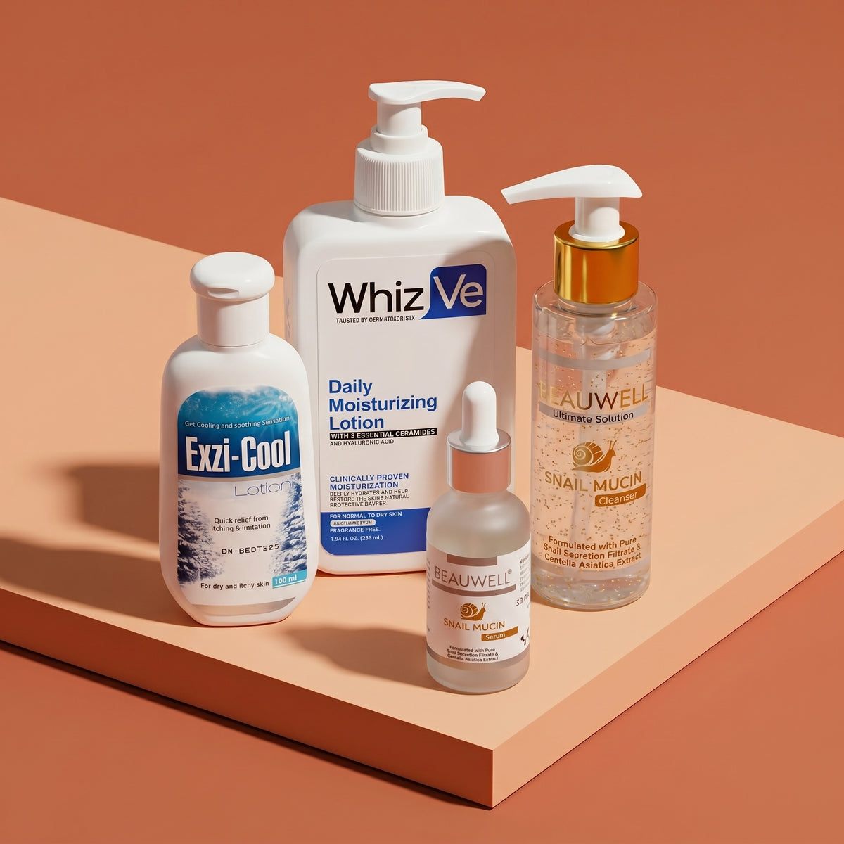 Whiz Calm & Cool Kit featuring Exzi-Cool Lotion, WhizVe Daily Moisturizing Lotion, Beauwell Snail Mucin Serum, and Beauwell Snail Mucin Cream on a warm-toned background.