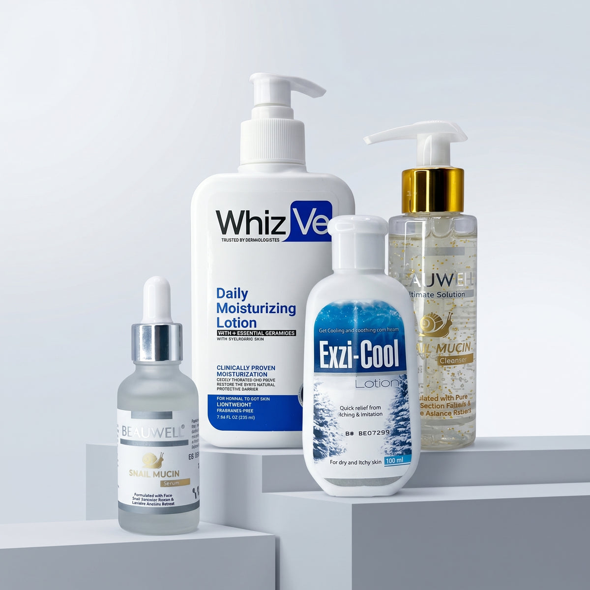 Whiz Calm & Cool Kit featuring Beauwell Snail Mucin Serum, WhizVe Daily Moisturizing Lotion, Exzi-Cool Lotion, and Beauwell Snail Mucin Cream on white pedestal blocks.