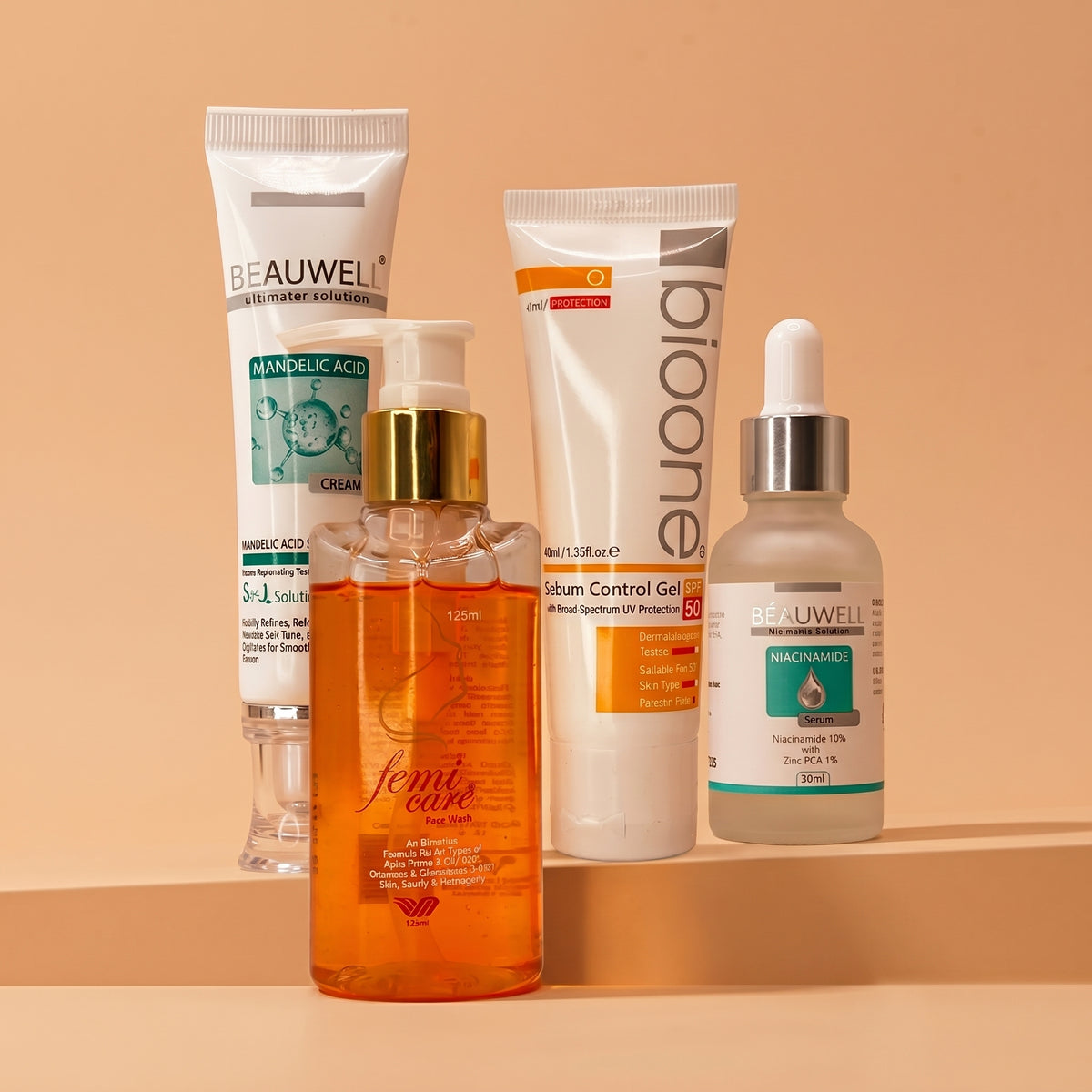 Whiz Clear Skin Kit featuring Femi Care face wash, Beauwell Mandelic Acid 5%, Bio One Sebum Control Gel, and Beauwell Niacinamide 10% serum.