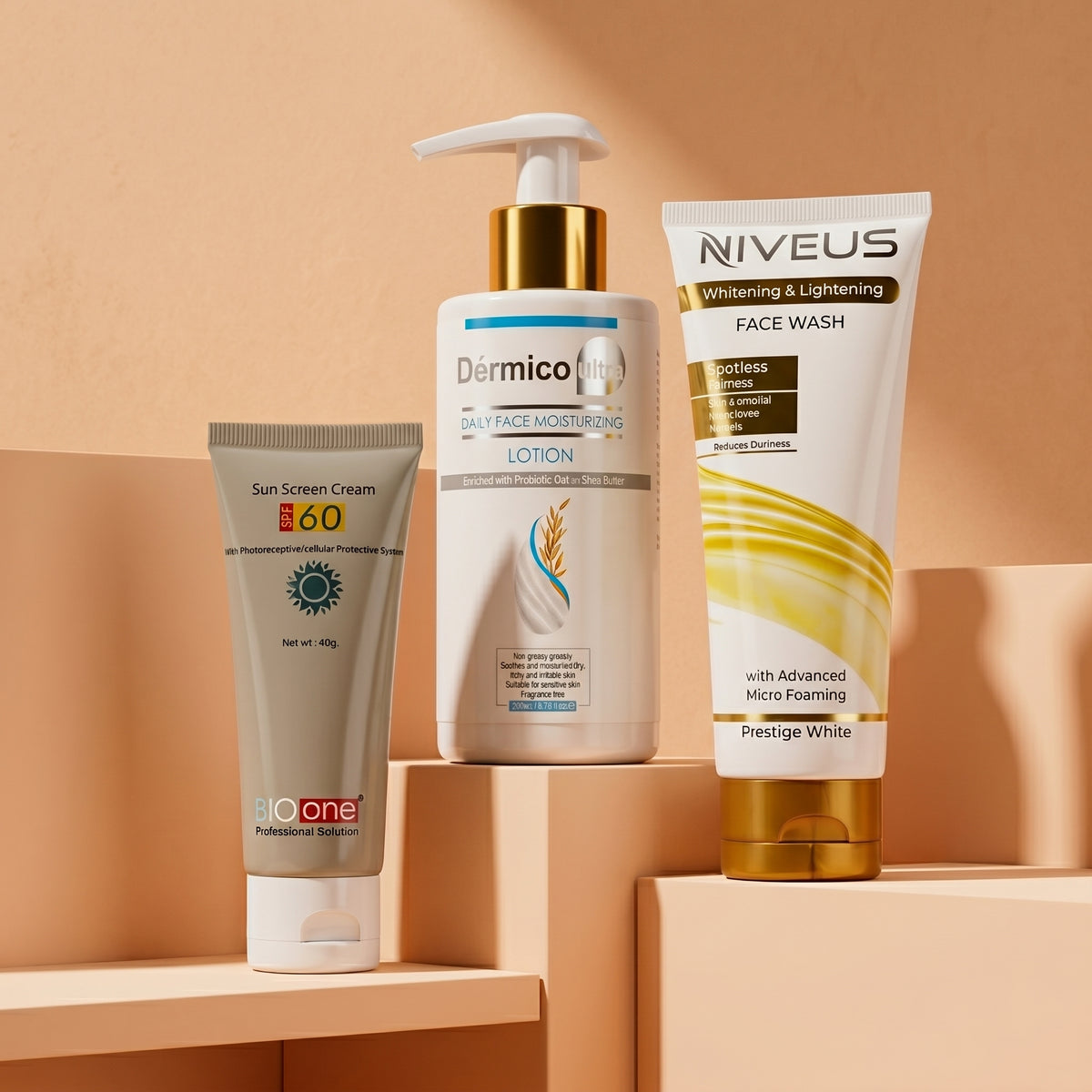Whiz Economical Kit featuring Bio One SPF 60 Sun Screen Cream, Dermive Urea Daily Face Moisturizing Lotion, and Niveus Whitening & Lightening Face Wash on a warm-toned background.