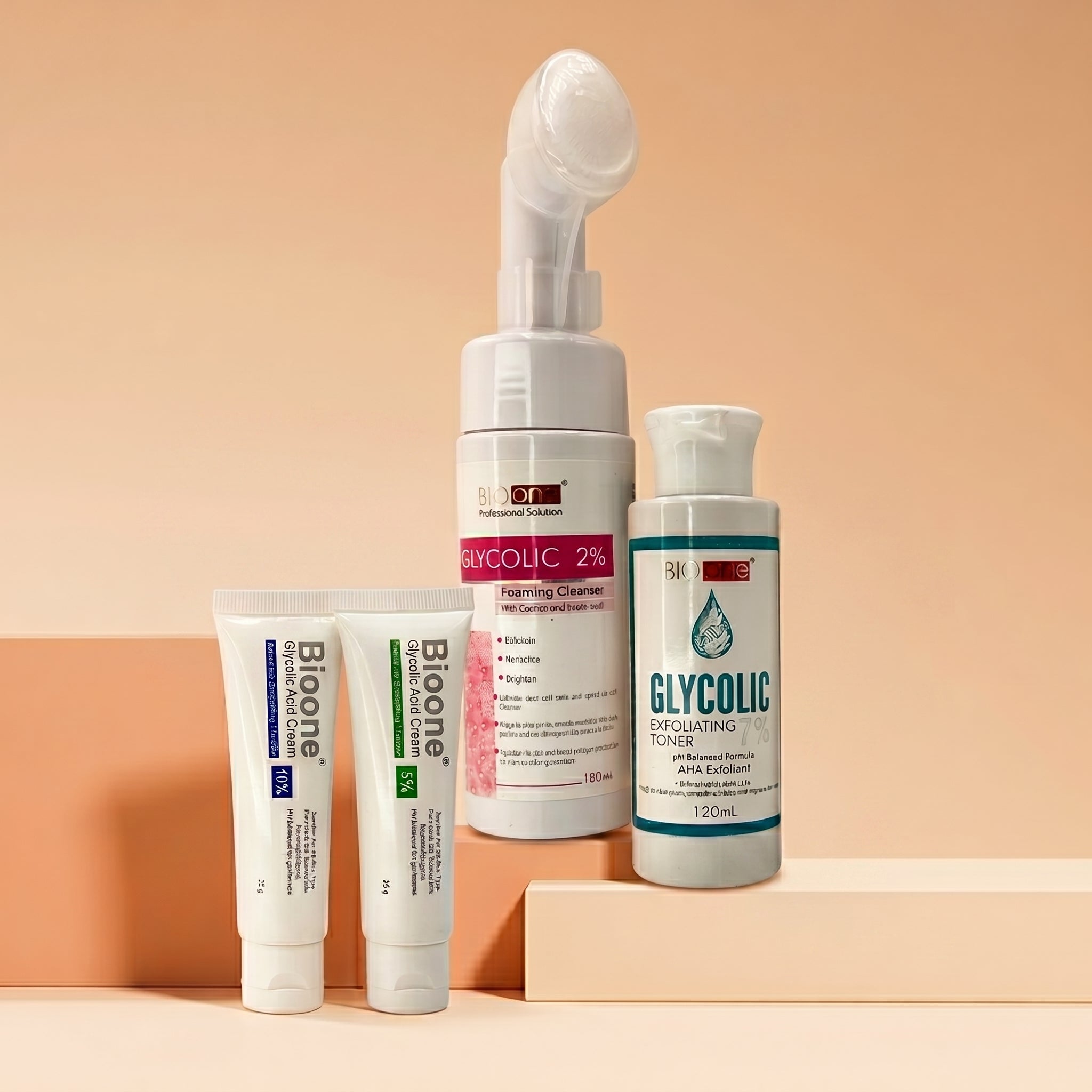 Whiz Exfoliating Bundle kit featuring Bioone Glycolic Acid Creams, Glycolic 2% Foaming Cleanser, and Exfoliating Toner