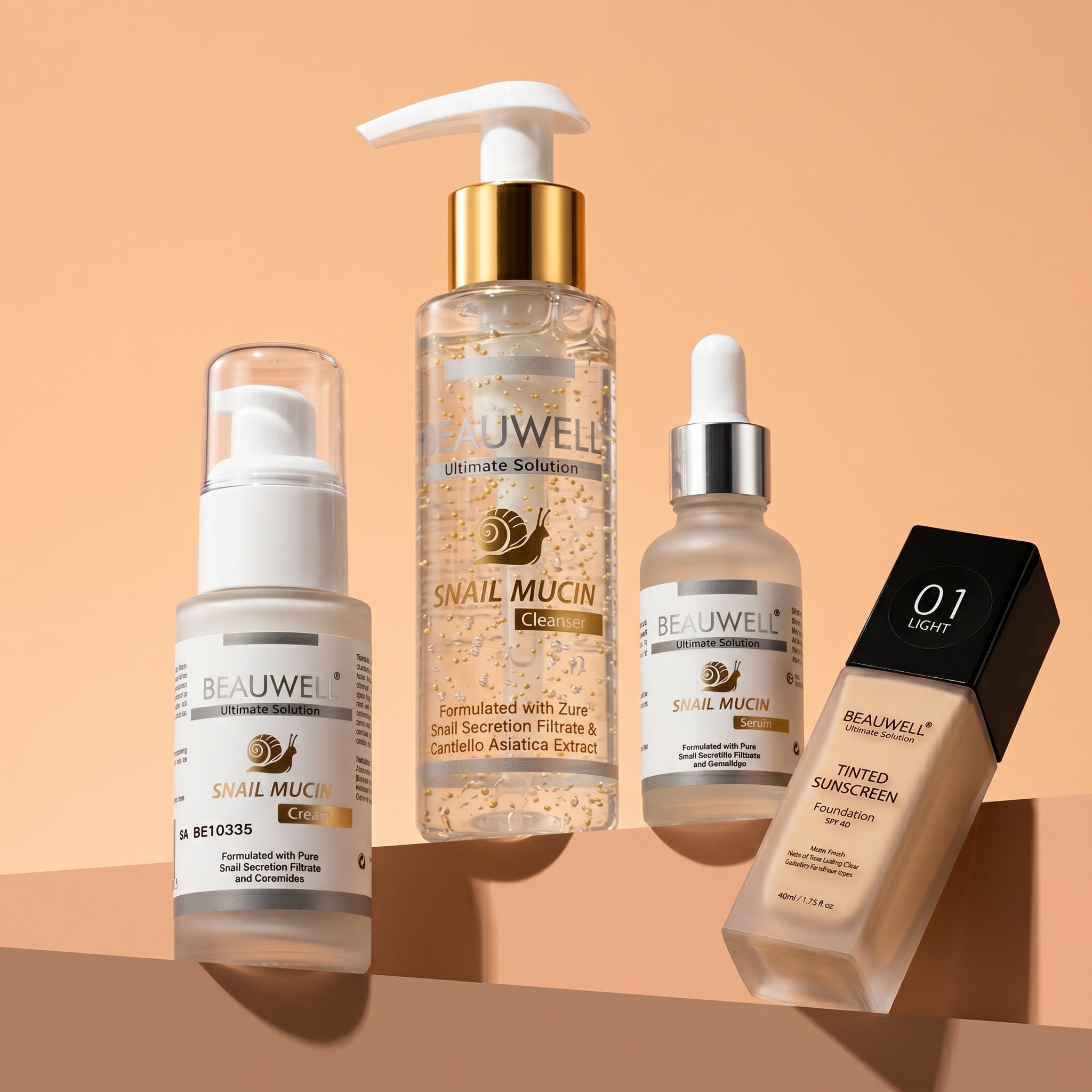 Whiz Glass Skin Kit featuring Beauwell Snail Mucin Cleanser, Snail Mucin Serum, Snail Mucin Cream, and Beauwell Tinted Sunscreen on a warm-toned background.