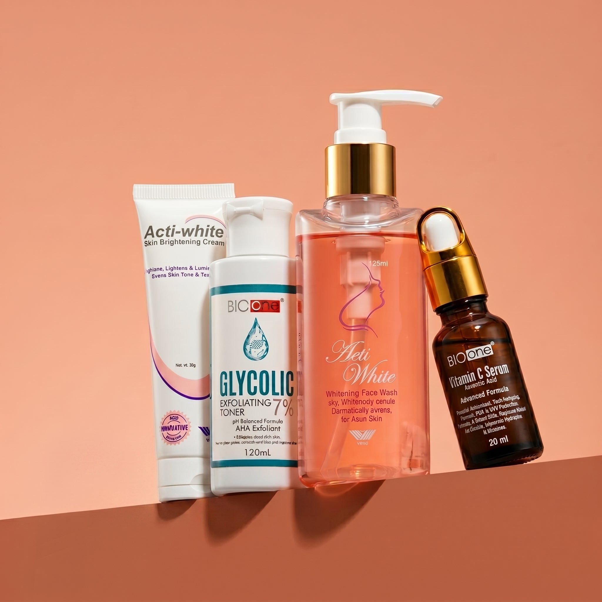 Whiz Glow Therapy Kit featuring Acti-White cream, Bio One Glycolic Toner, Acti-White face wash, and Bio One Vitamin C Serum