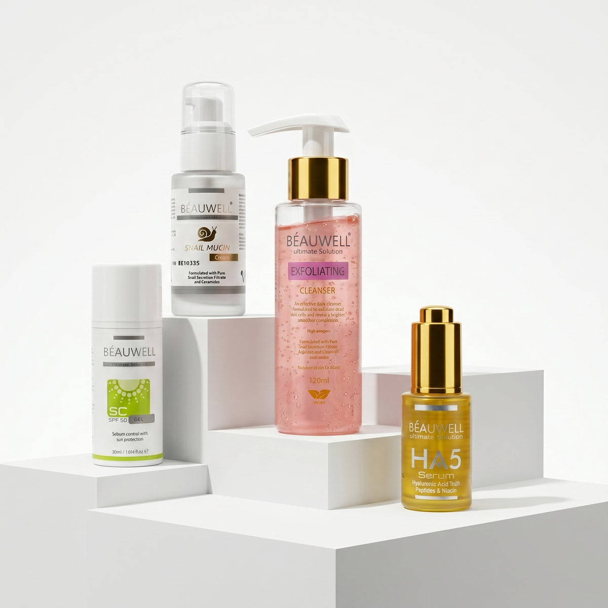 Whiz Hydro Boost Kit featuring Beauwell Snail Mucin, Exfoliating Cleanser, HA5 Serum, and SC Serum displayed on white pedestal blocks.