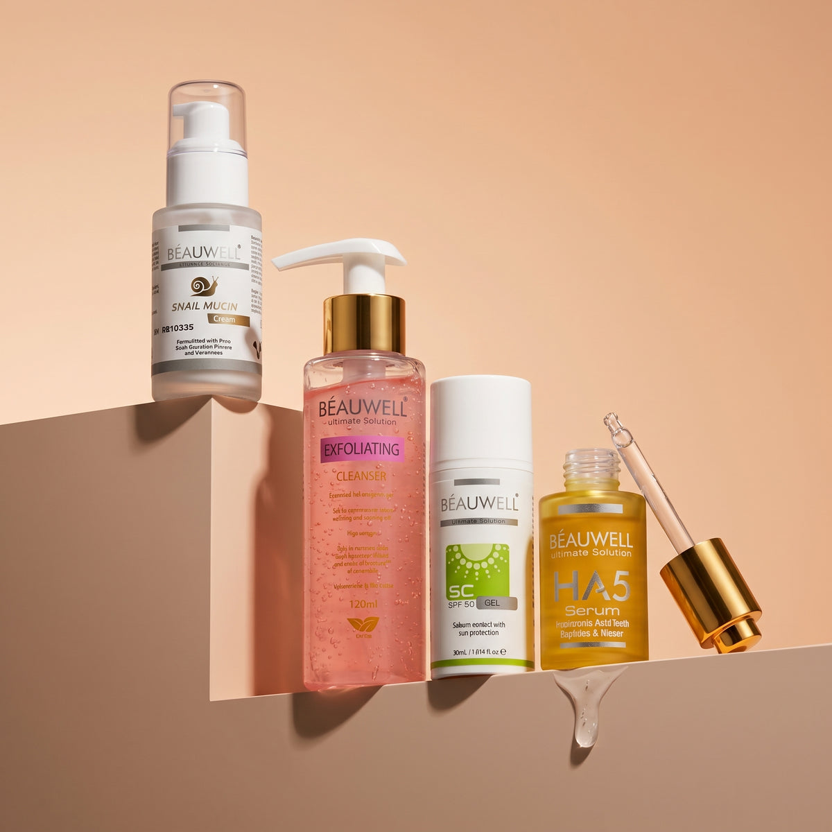 The Whiz Hydro Boost Kit featuring Beauwell Snail Mucin, Exfoliating Cleanser, SC Serum, and HA5 Serum arranged on a neutral-toned background.