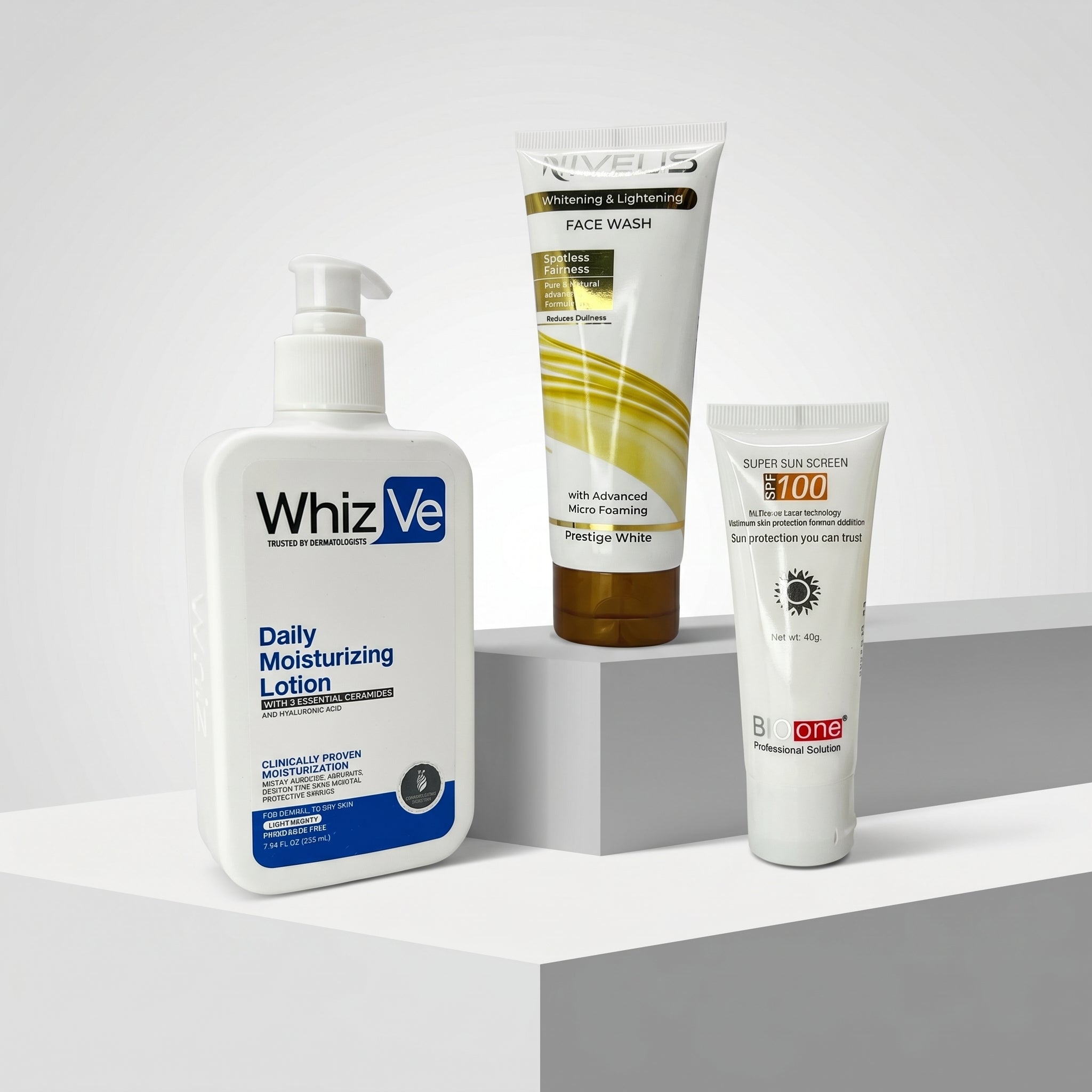Whiz Men's Skincare Kit featuring WhizVe Daily Moisturizing Lotion, Niveus Whitening & Brightening Face Wash, and Bio One Super Sun Screen SPF 100.