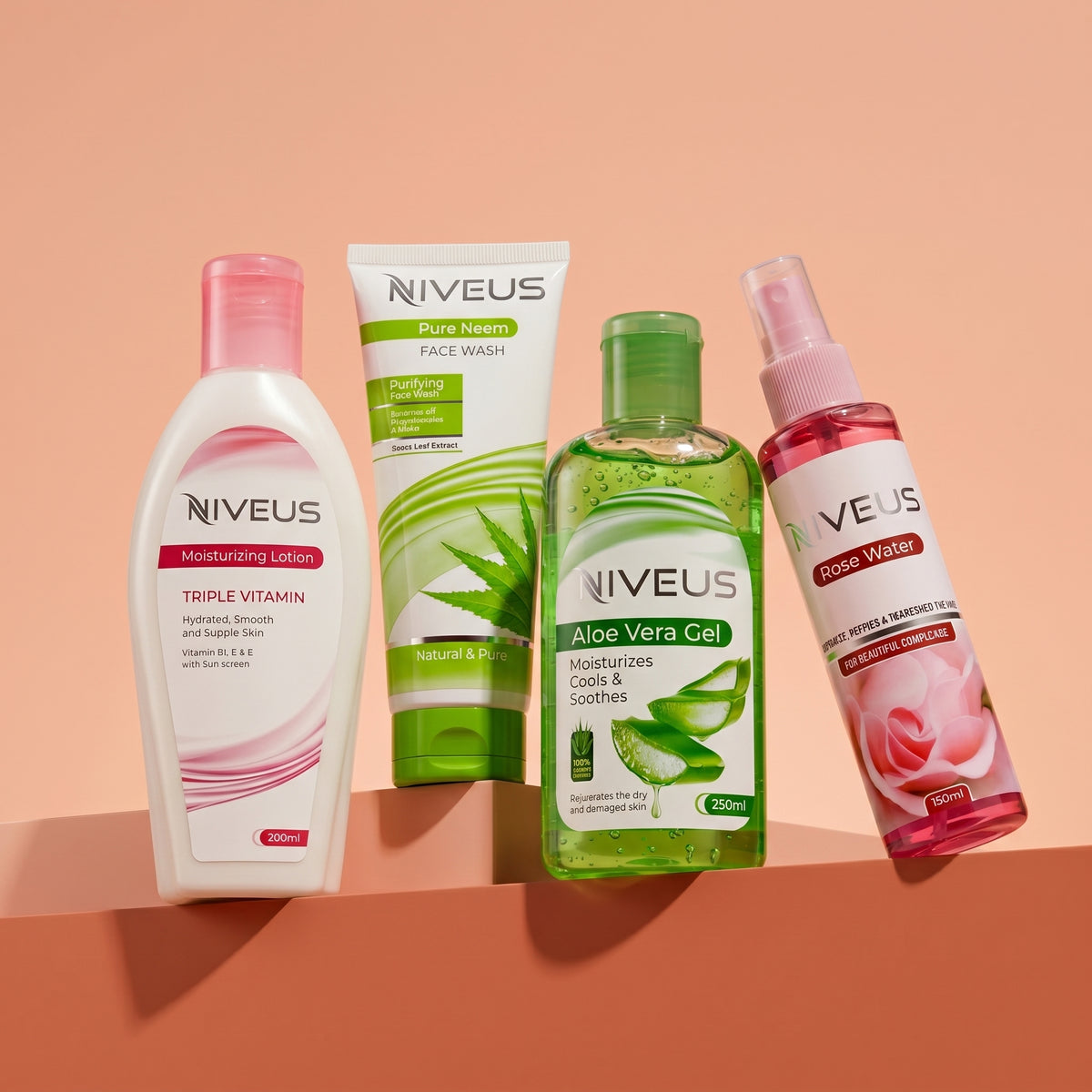Whiz Natural Care Bundle featuring Niveus Triple Vitamin Moisturizing Lotion, Pure Neem Face Wash, Aloe Vera Gel, and Rose Water on a warm-toned background.