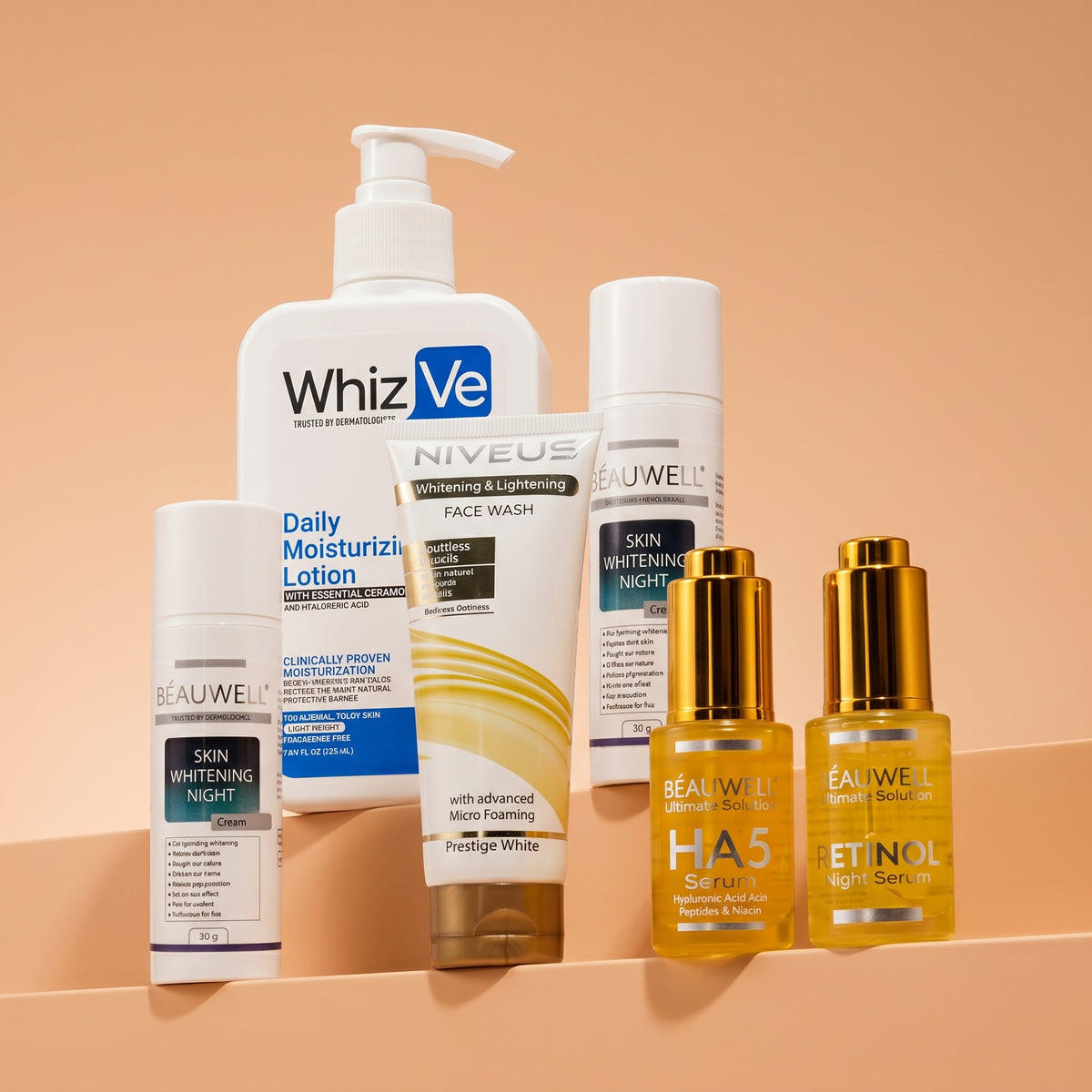Whiz Night Repair Kit bundle including WhizVe Daily Moisturizing Lotion, Niveus Whitening & Lightening Face Wash, Beauwell Skin Whitening Night cream, HA5 Serum, and Retinol Night Serum.
