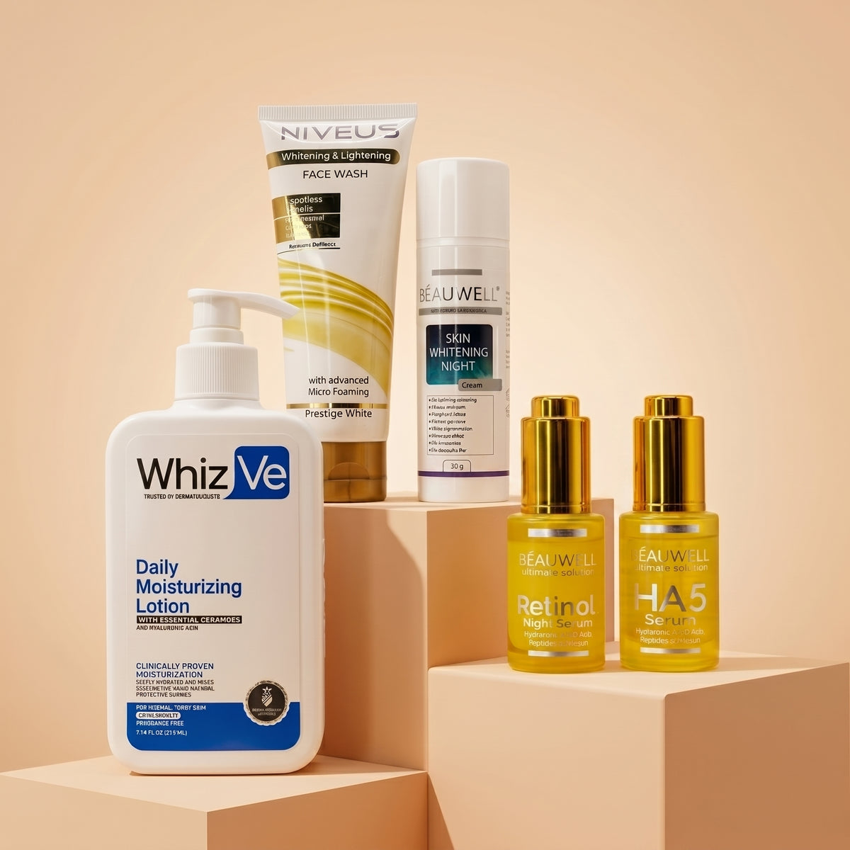 Whiz Night Repair Kit featuring WhizVe Daily Moisturizing Lotion, Niveus Whitening Face Wash, Beauwell Skin Whitening Night Cream, Beauwell Retinol Night Serum, and Beauwell HA5 Serum on a warm-toned background.