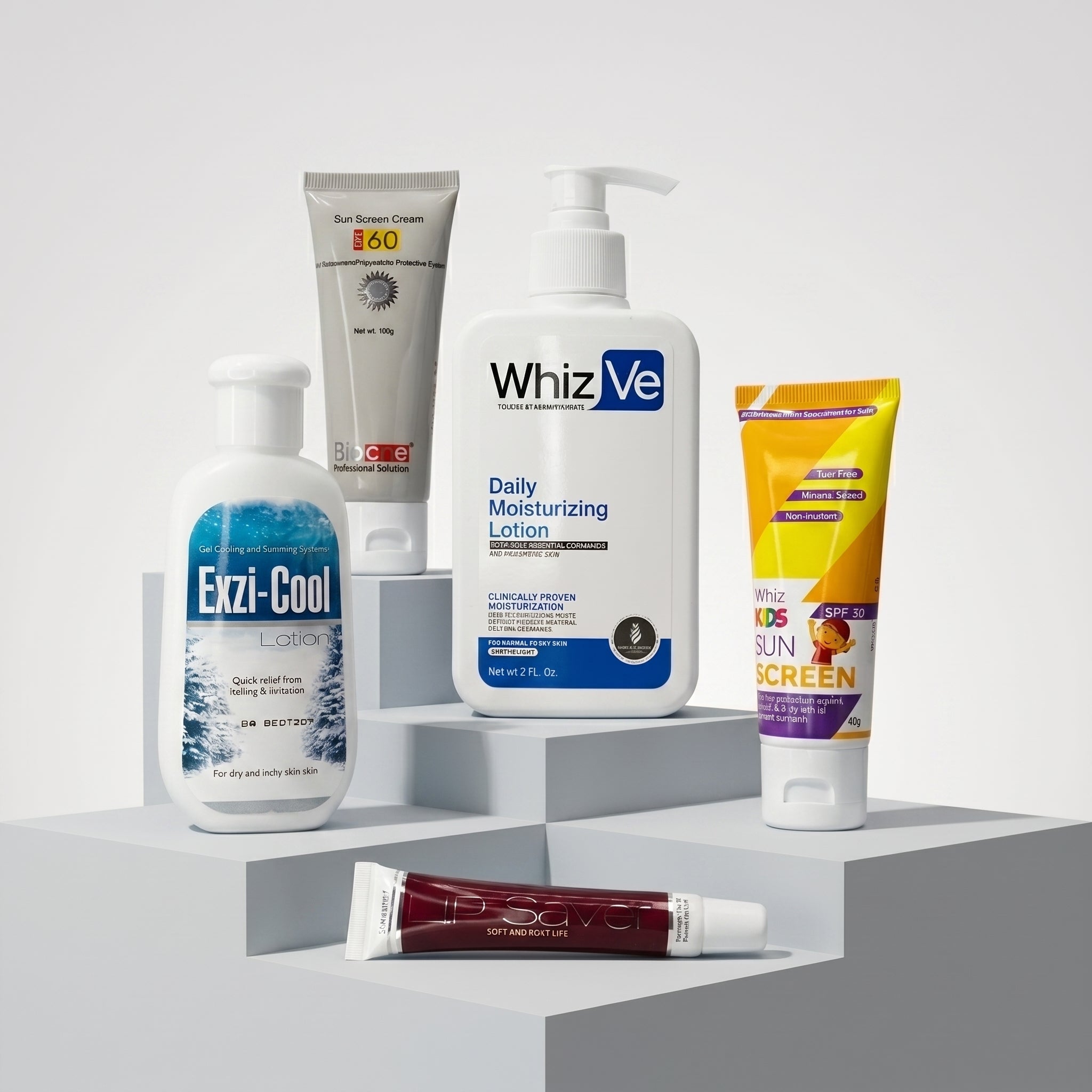 Whiz Sun Shield Family Bundle featuring WhizVe Daily Moisturizing Lotion, Exzi-Cool Lotion, Sun Screen Cream SPF 60, Whiz Kids Sunscreen, and Lip Saver on white pedestal blocks.