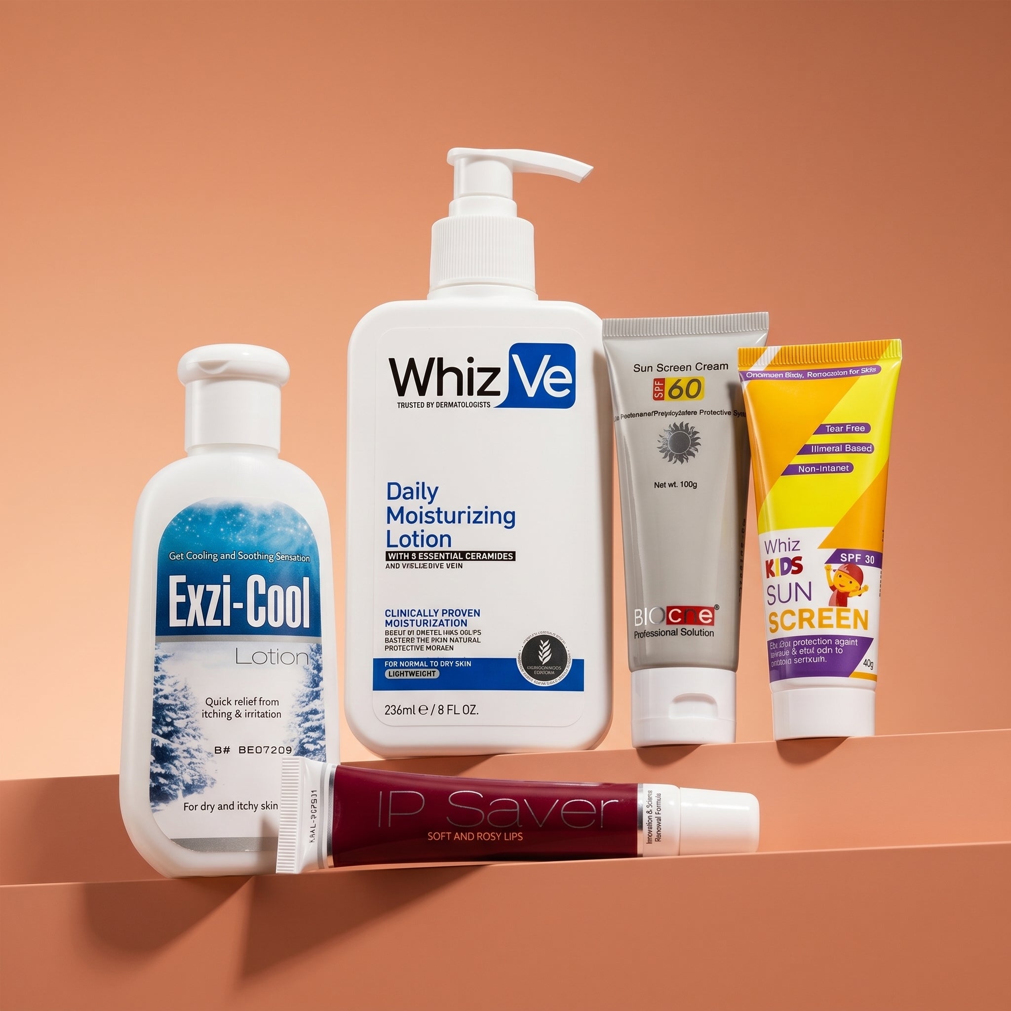 Whiz Sun Shield Family Bundle featuring WhizVe Daily Moisturizing Lotion, Exzi-Cool Lotion, Sun Screen Cream SPF 60, Whiz Kids Sunscreen, and Lip Saver.